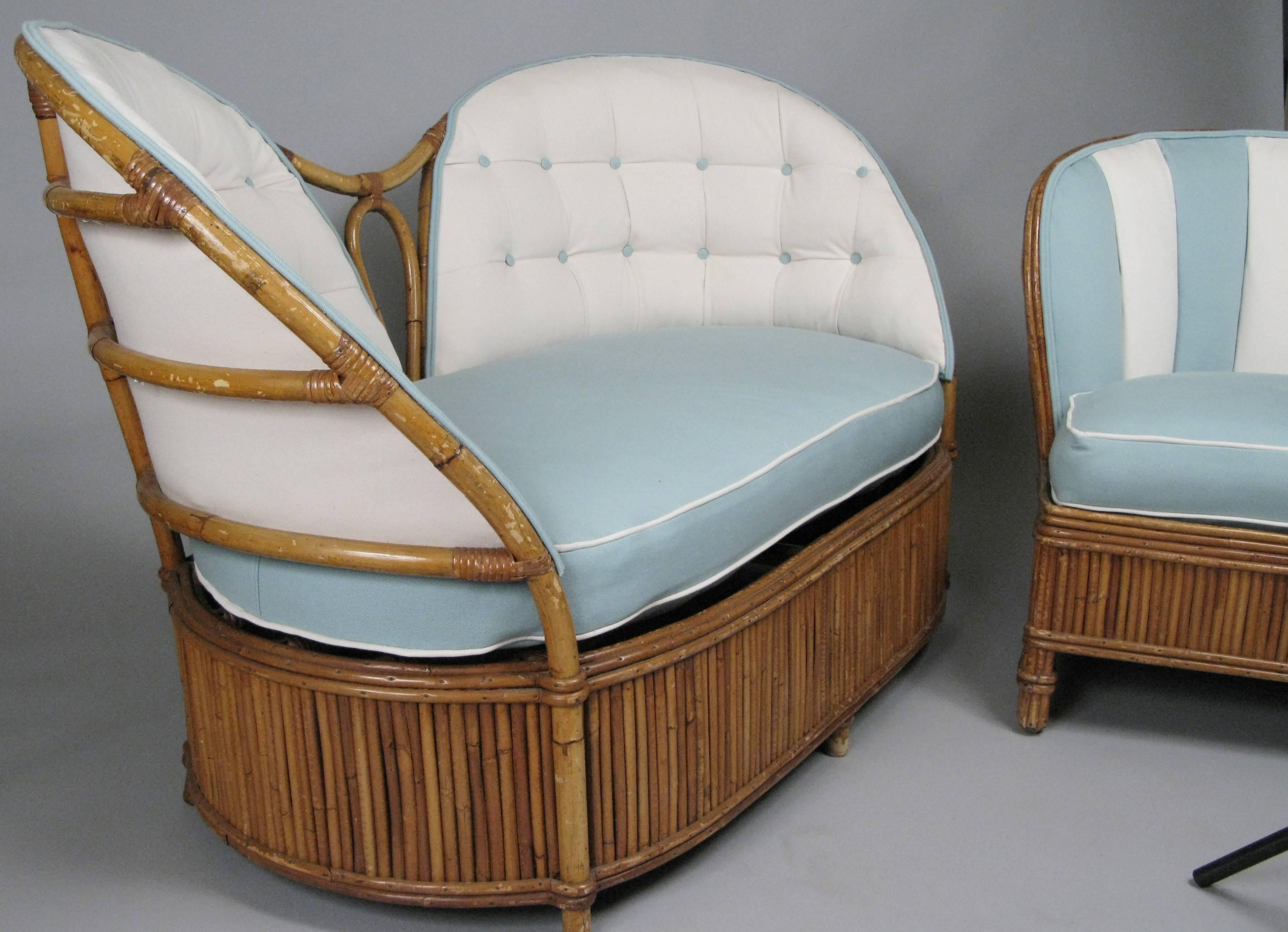American Vintage 1940s Rattan Settee and Lounge Chair