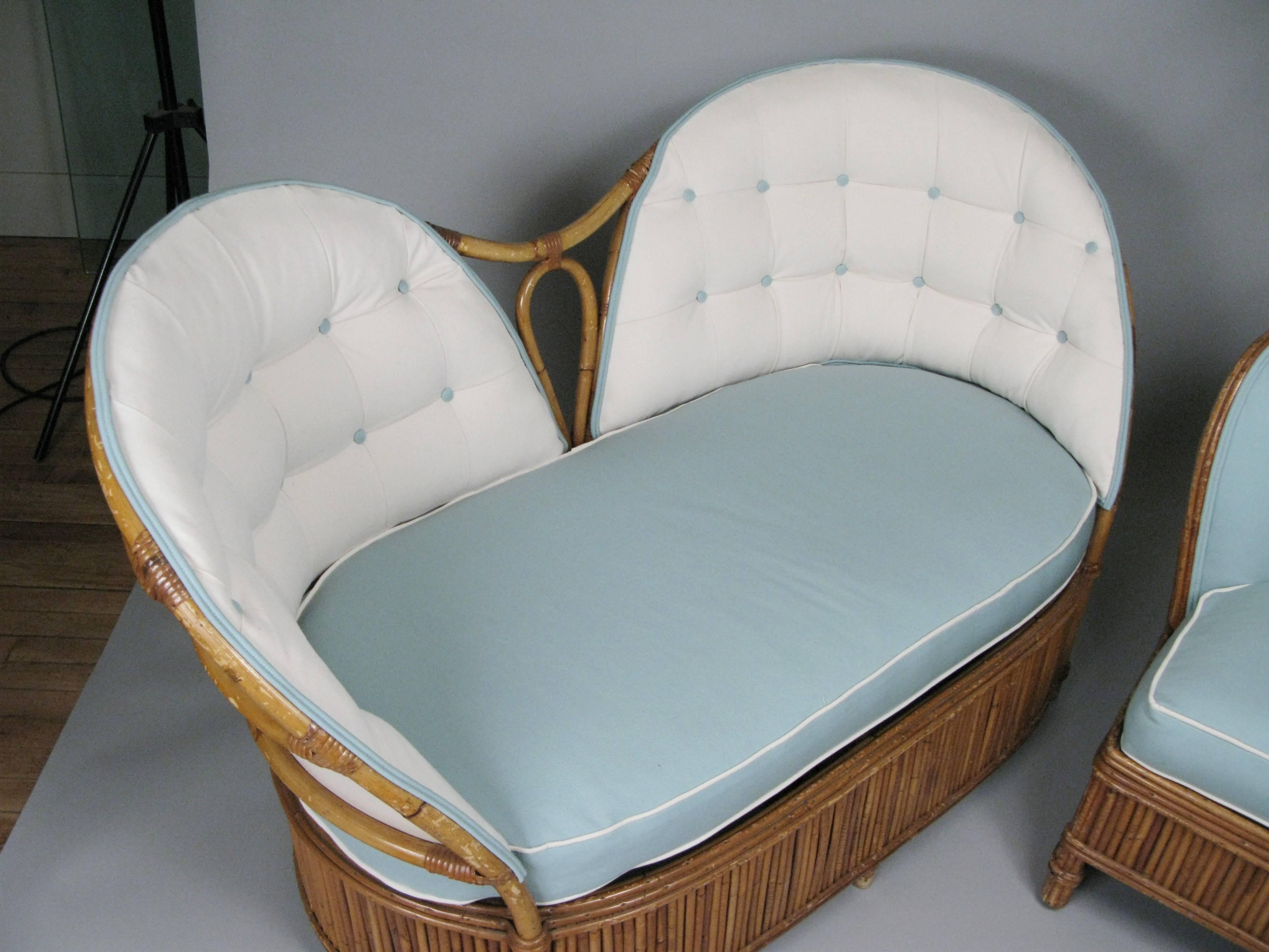 Mid-20th Century Vintage 1940s Rattan Settee and Lounge Chair