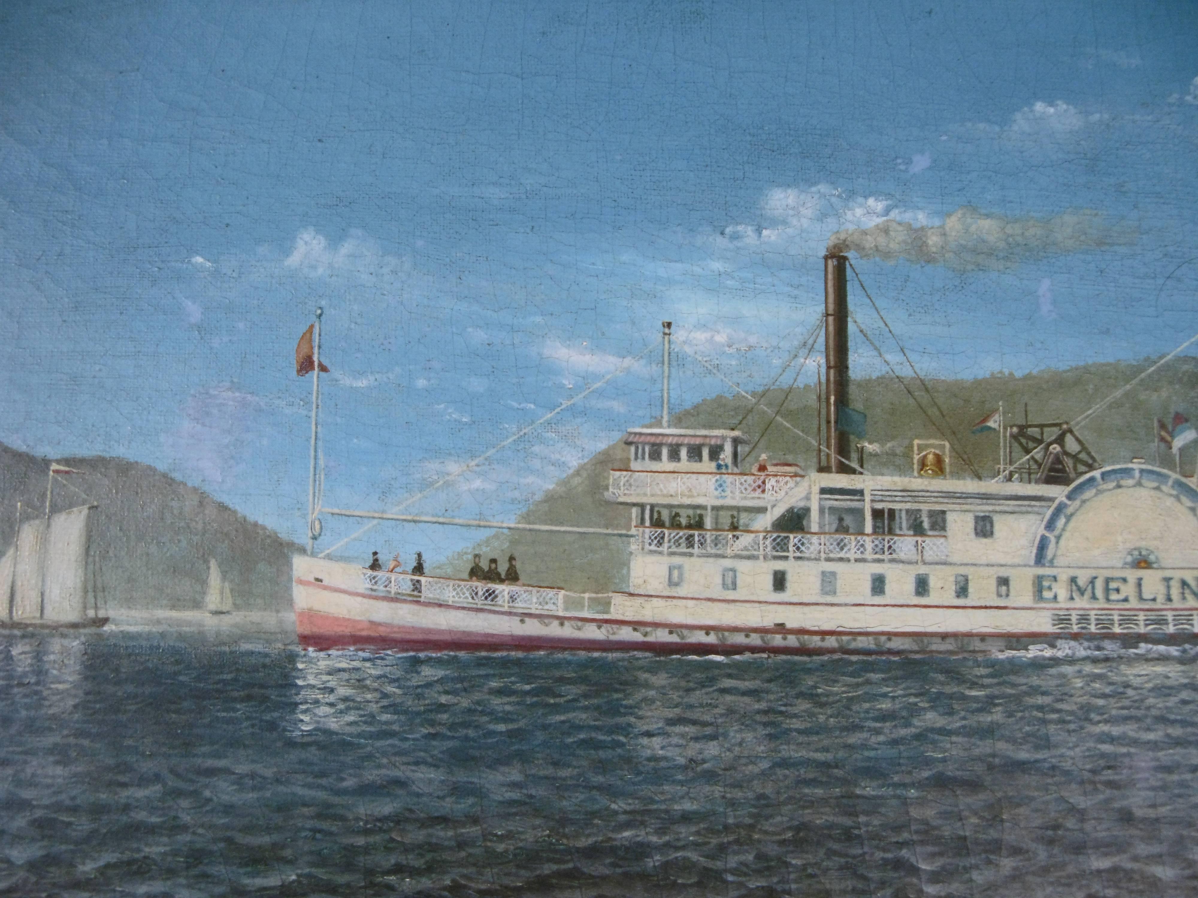A very well done and charming oil on canvas painting of a paddle wheel steamer on the Hudson River done by noted artist Albert Nemethy. Albert was the scion of a family of painters from the Catskill Mountains. this is a very good example of Albert's