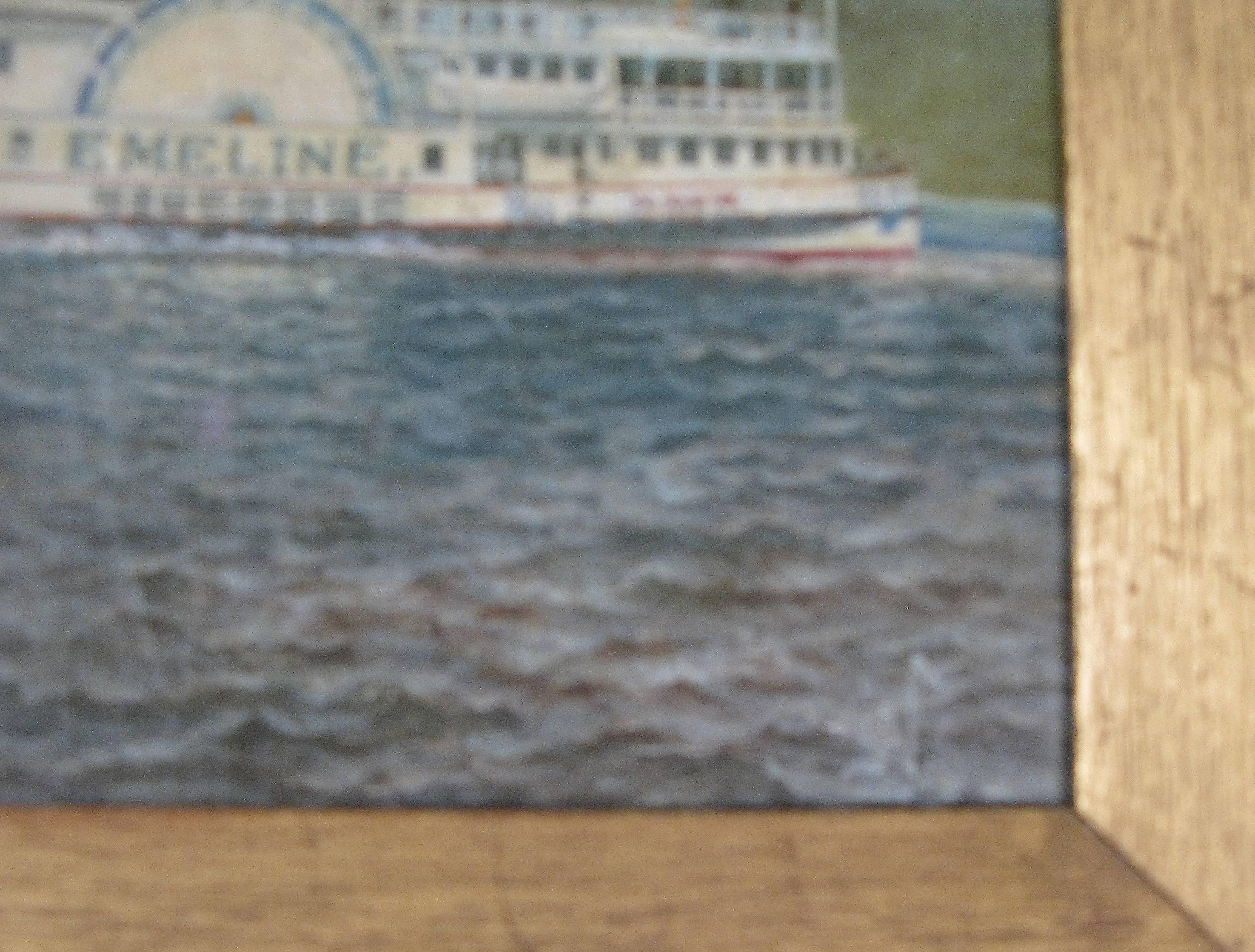 American Oil on Canvas Paddle Wheel Steamer Painting by Albert Nemethy For Sale