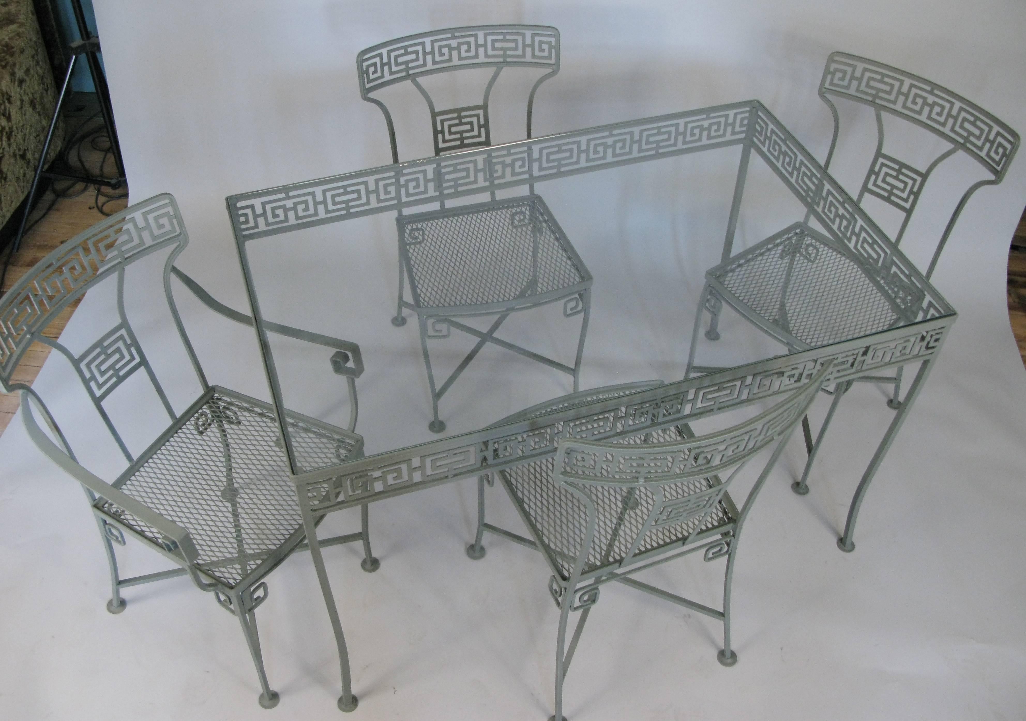 American Vintage Wrought Iron Greek Key Dining Table and Chairs