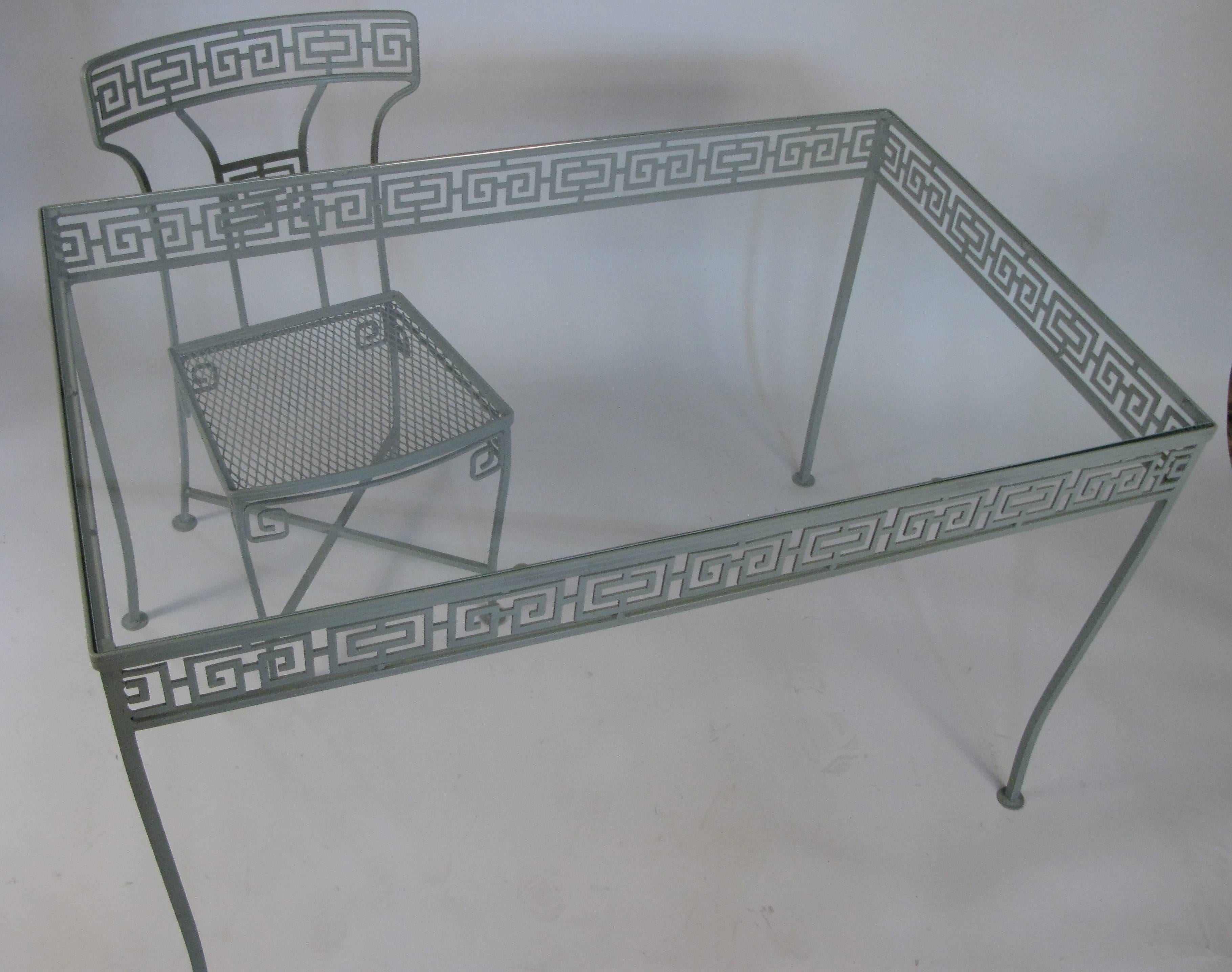 Vintage Wrought Iron Greek Key Dining Table and Chairs In Excellent Condition In Hudson, NY