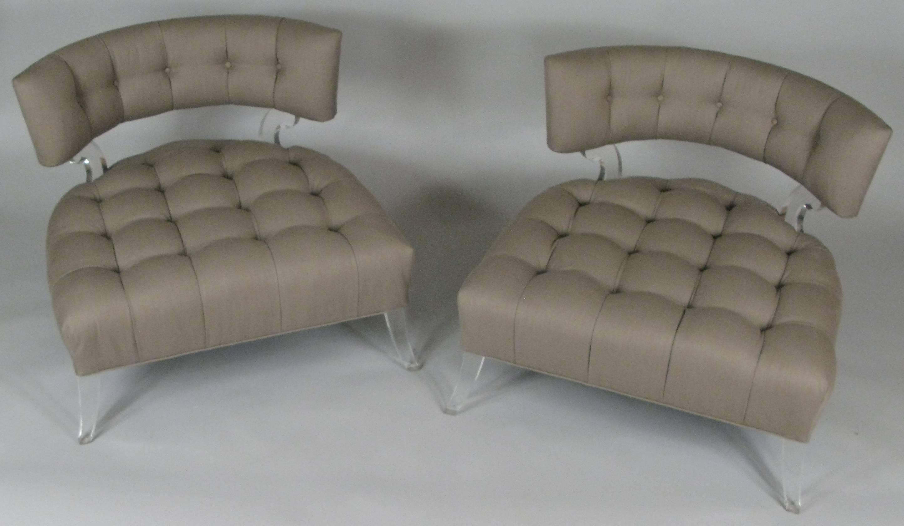 Pair of Rare 1940s Lucite Tufted Slipper Chairs by Grosfeld House In Excellent Condition In Hudson, NY