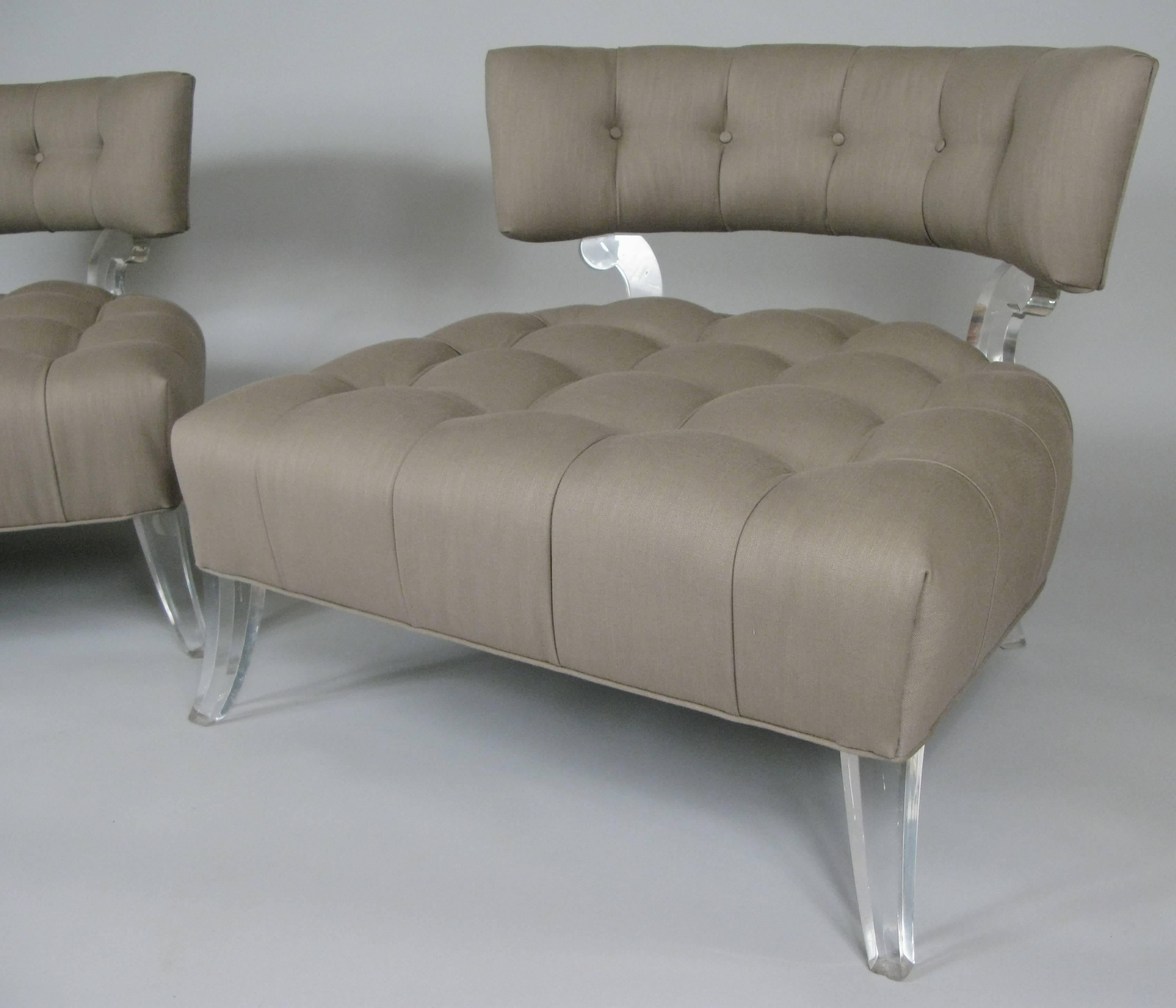Pair of Rare 1940s Lucite Tufted Slipper Chairs by Grosfeld House 4