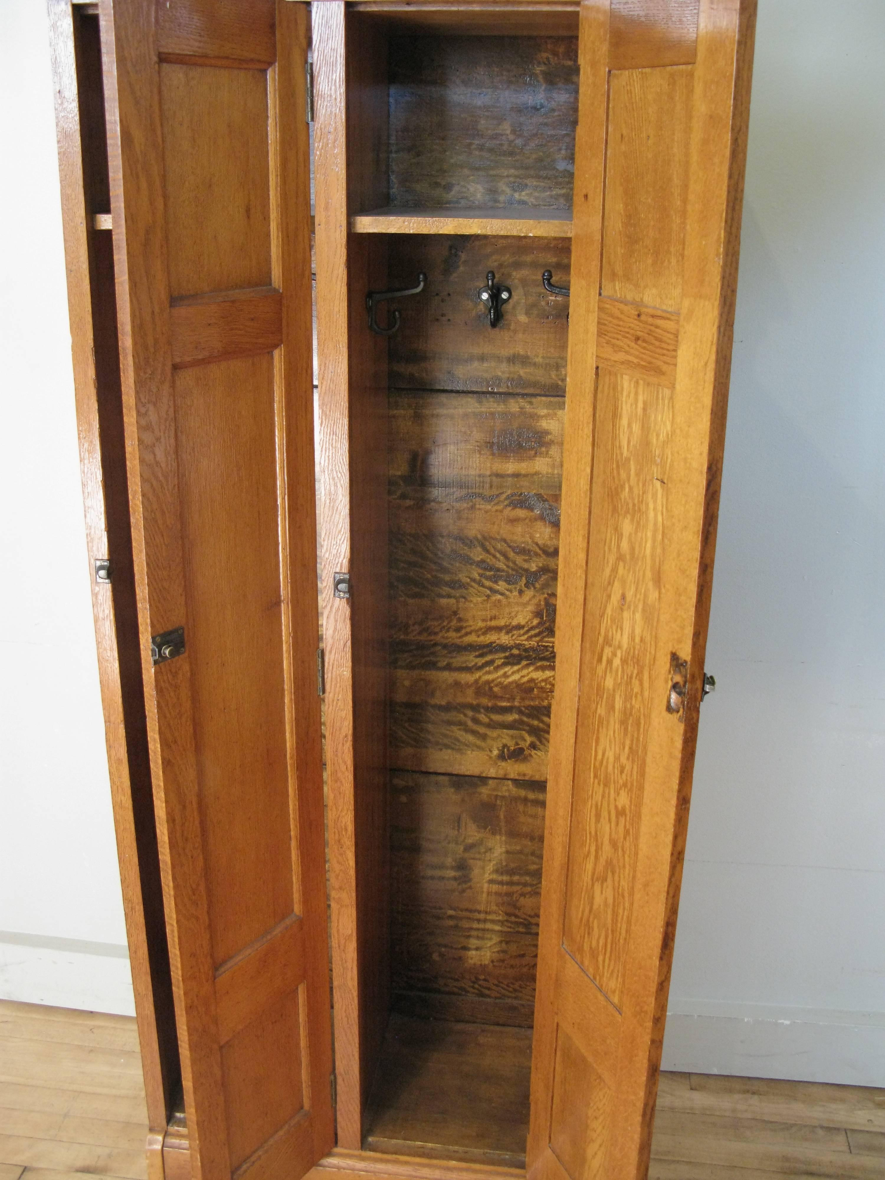 Antique 1940s Two-Door Oak Locker Cabinet 1