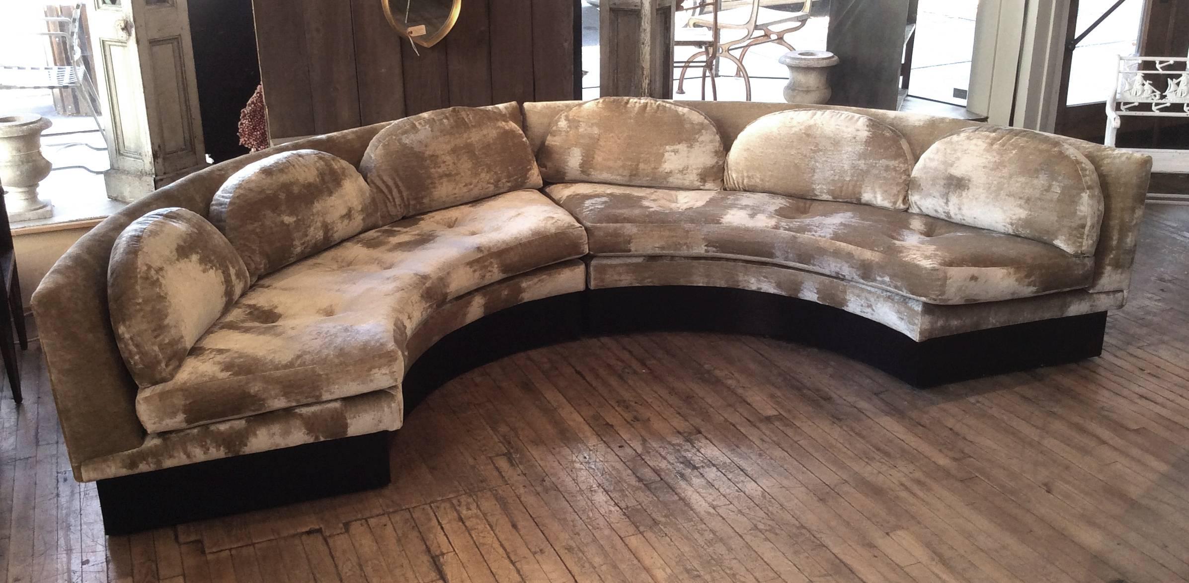 A fabulous vintage 1960s large semi-circular curved sectional sofa designed by Adrian Pearsall for Craft Associates. Perfect proportions make it very comfortable, and it has just been reupholstered in a beautiful beige brushed velvet fabric from
