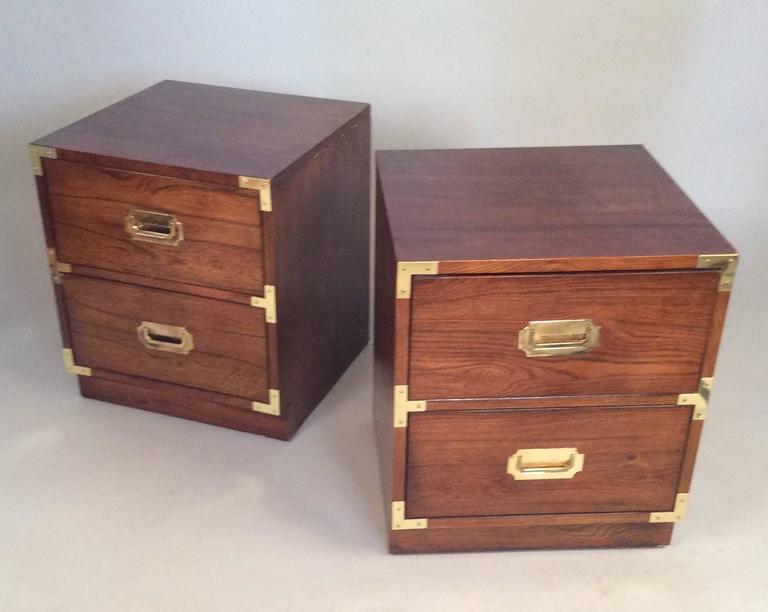 Pair of Walnut and Brass Campaign Style Nightstands at 1stdibs