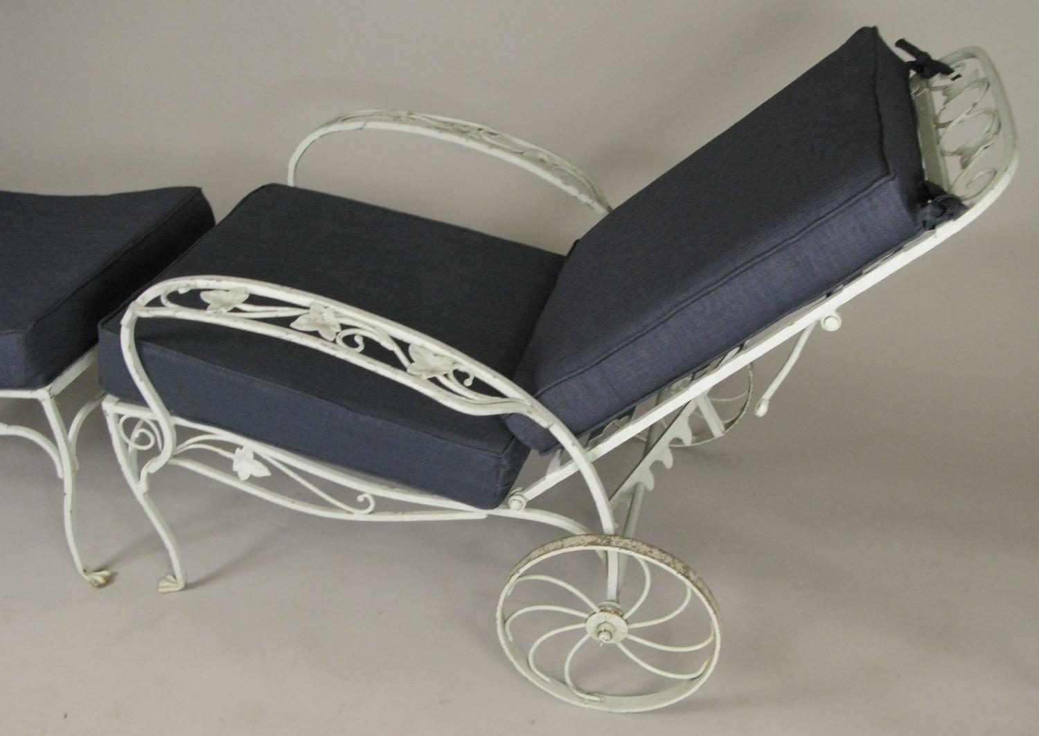 Pair of Vintage Wrought Iron Adjustable Lounge Chairs and Ottomans by