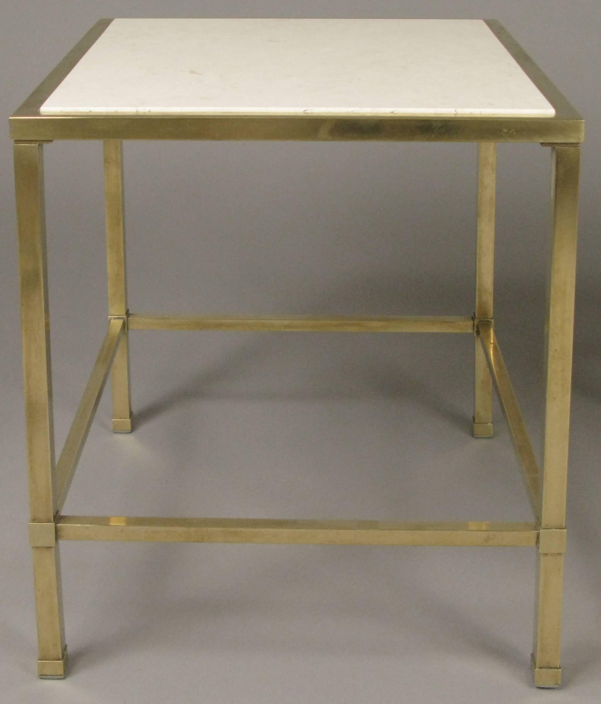 A very nice pair of vintage 1950s square brass side tables with brass stretchers and white travertine inserts. Excellent condition.