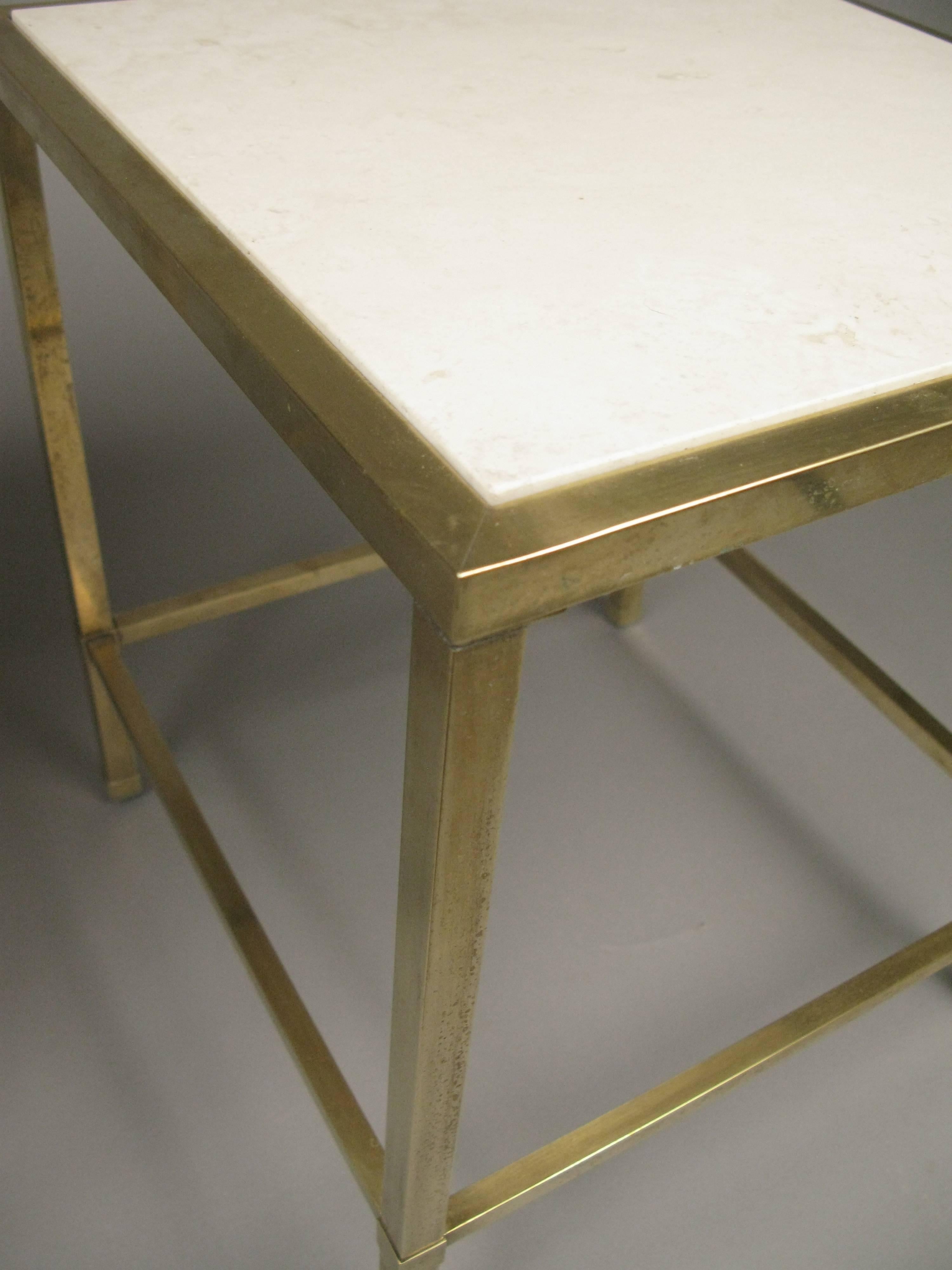 Pair of Vintage 1950s Brass and Travertine Tables In Excellent Condition In Hudson, NY