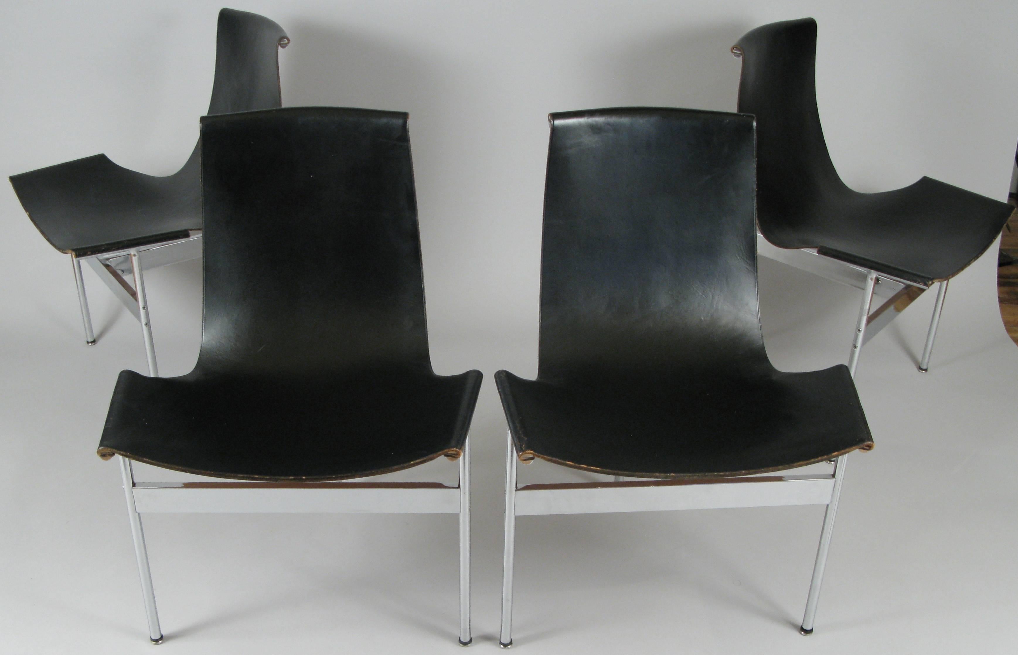 A very nice matched set of four Classic and iconic vintage 1970s 'T' chairs designed by Katavolos, Kelly and Littell for Laverne International. Beautiful design with a chromed steel frame and very handsome seats in their original black saddle