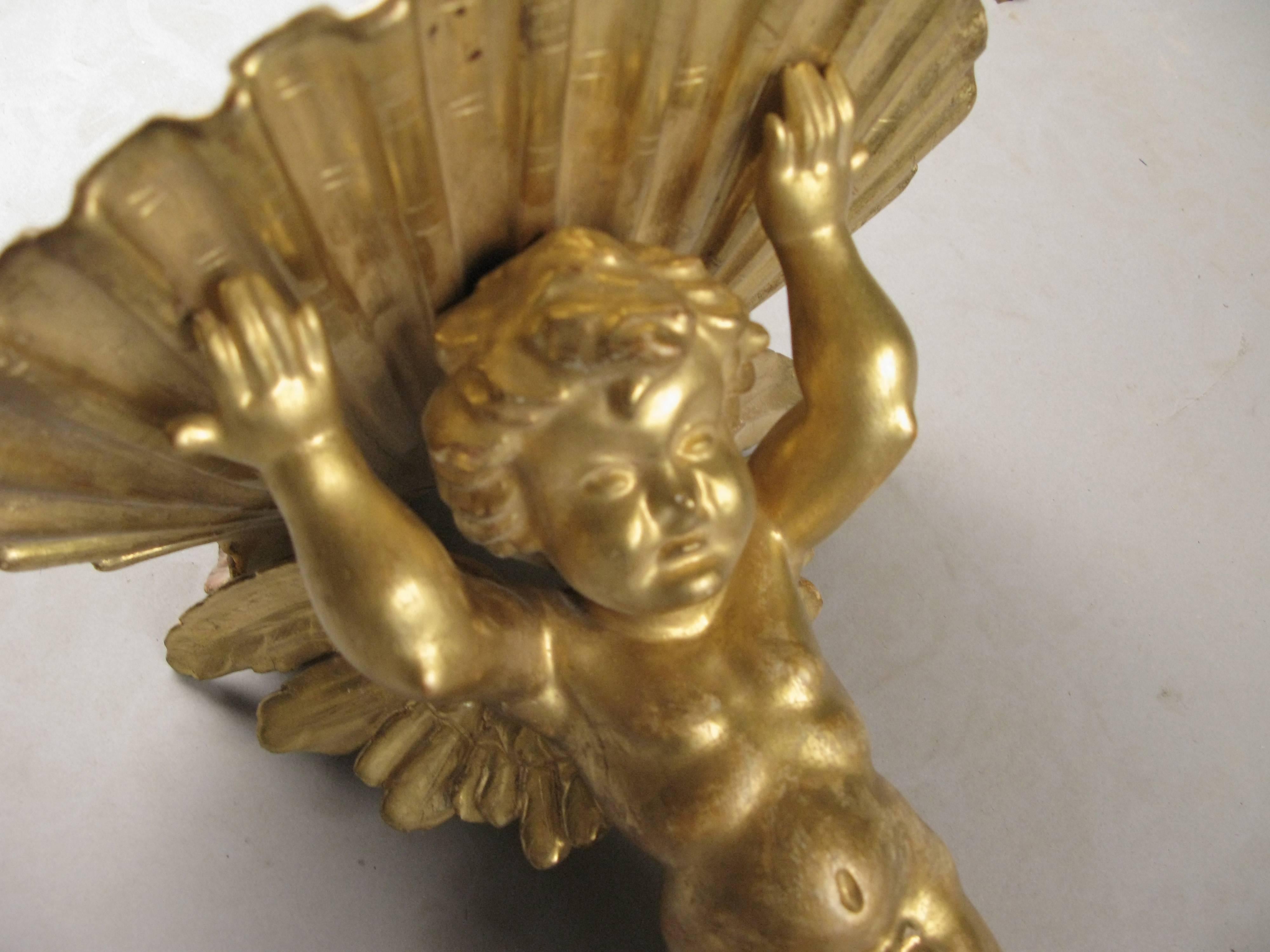 Pair of Charming 19th Century Carved and Gilded Gold Putti Brackets 3