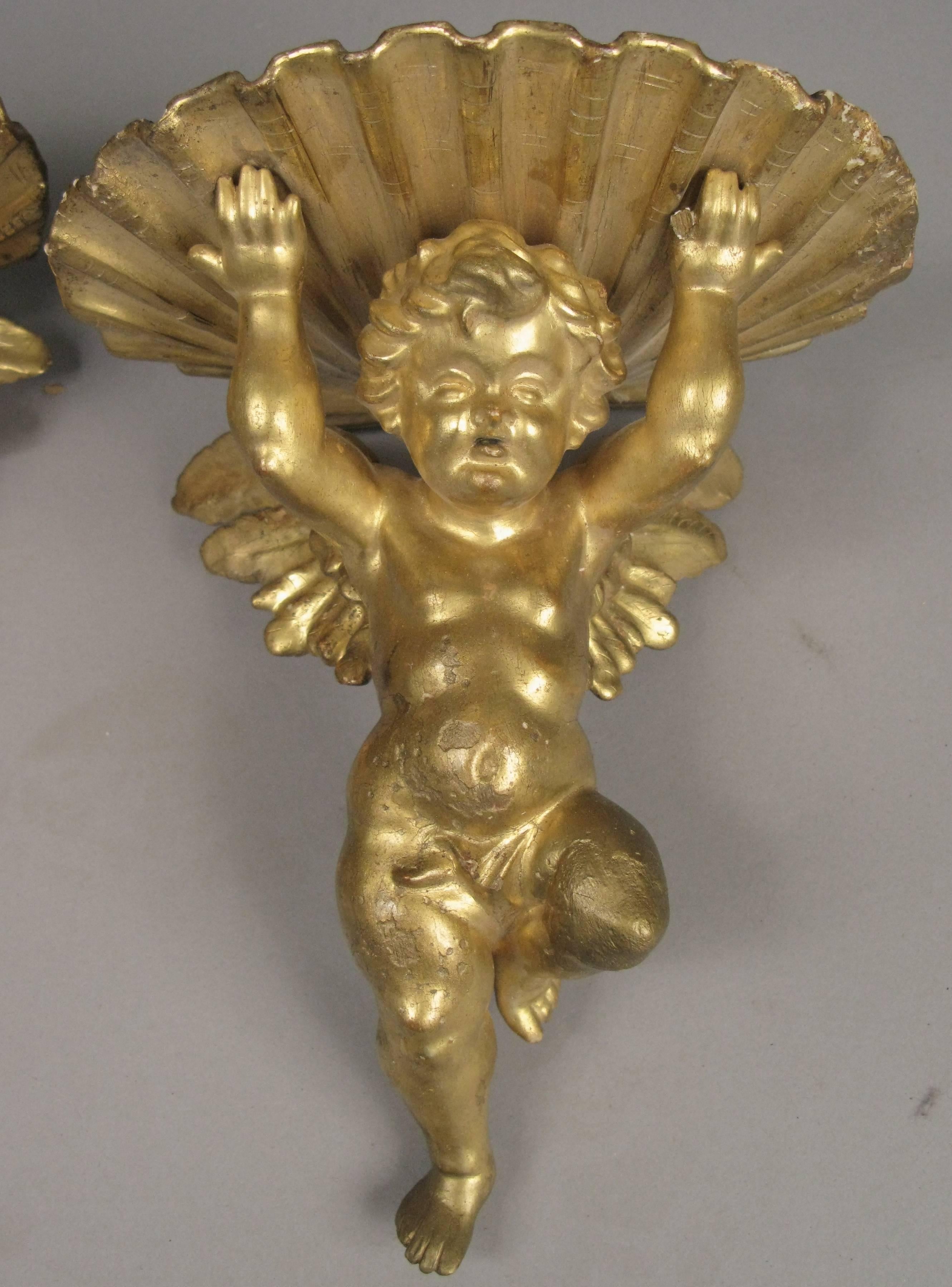 Italian Pair of Charming 19th Century Carved and Gilded Gold Putti Brackets