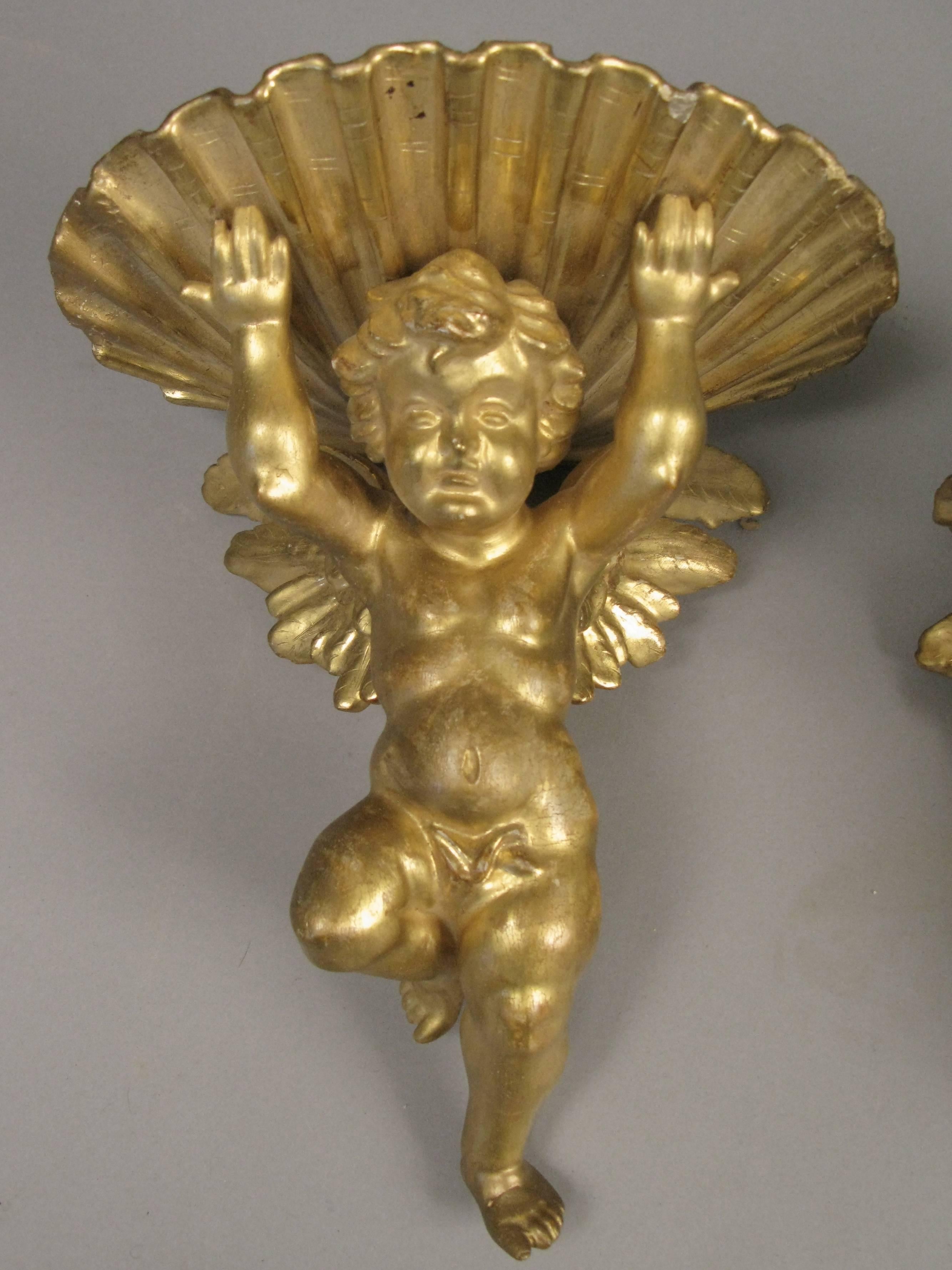 Pair of Charming 19th Century Carved and Gilded Gold Putti Brackets 1