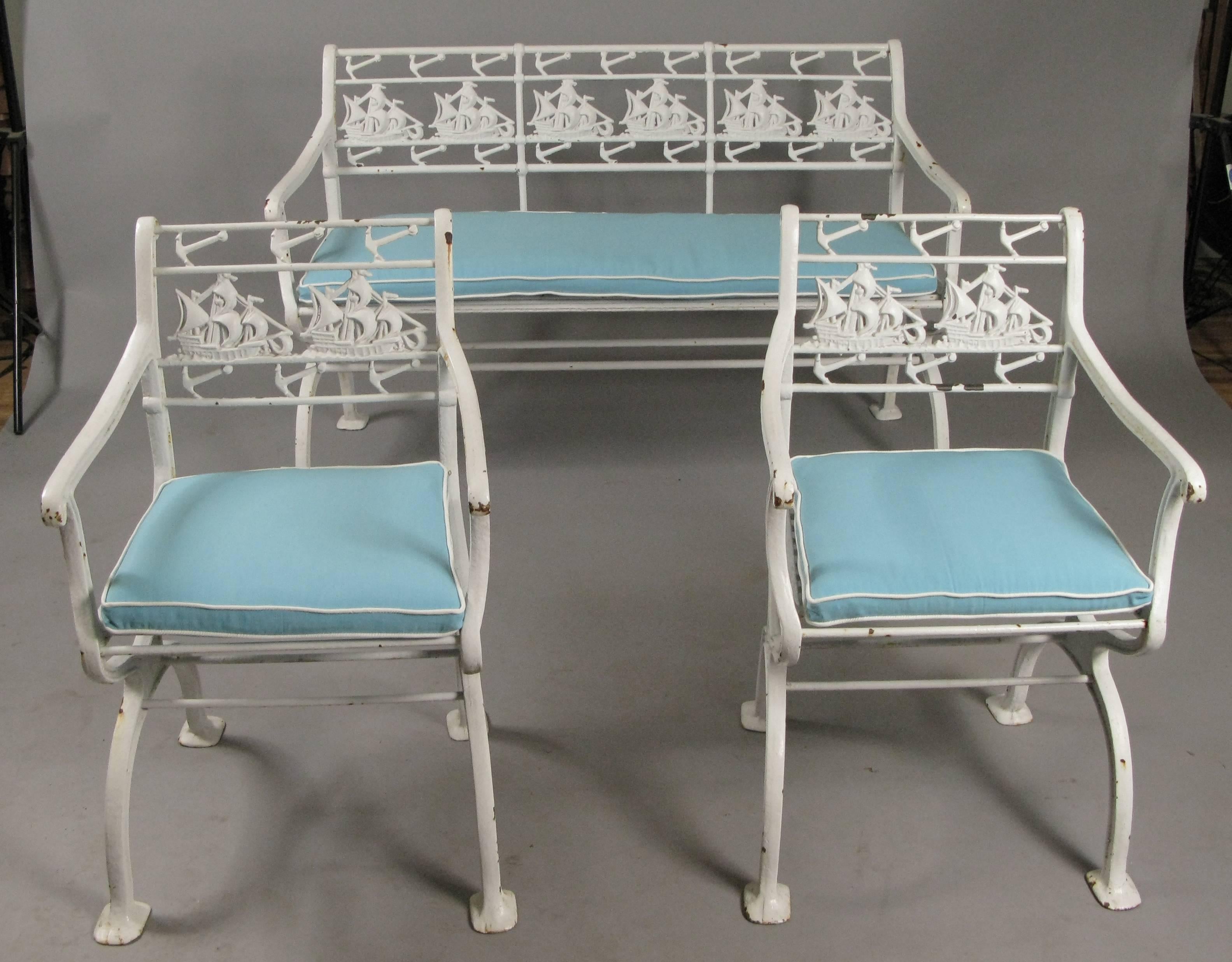 American Rare Antique Cast Iron Ship and Anchor Bench and Pair of Chairs