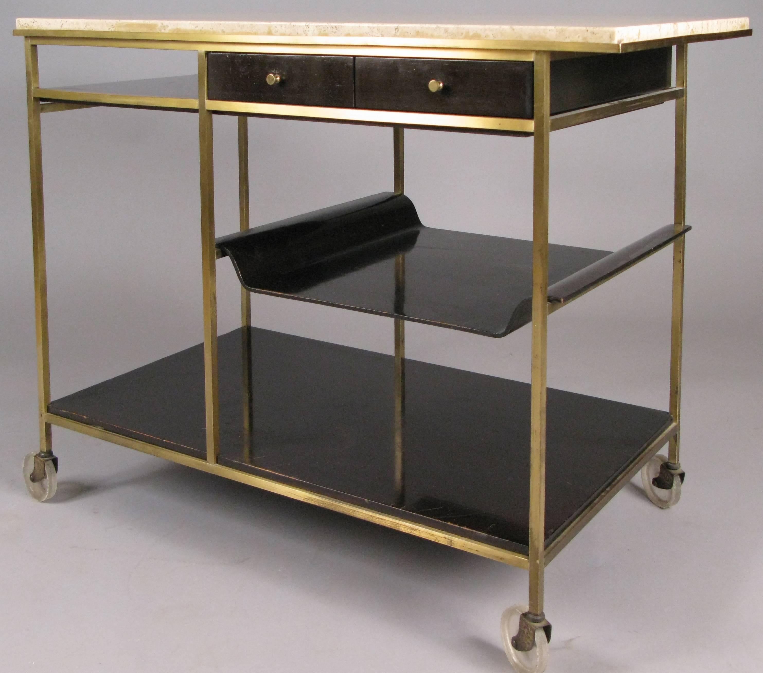 Mid-Century Modern 1950s Brass and Travertine Bar Cart by Paul McCobb for Calvin