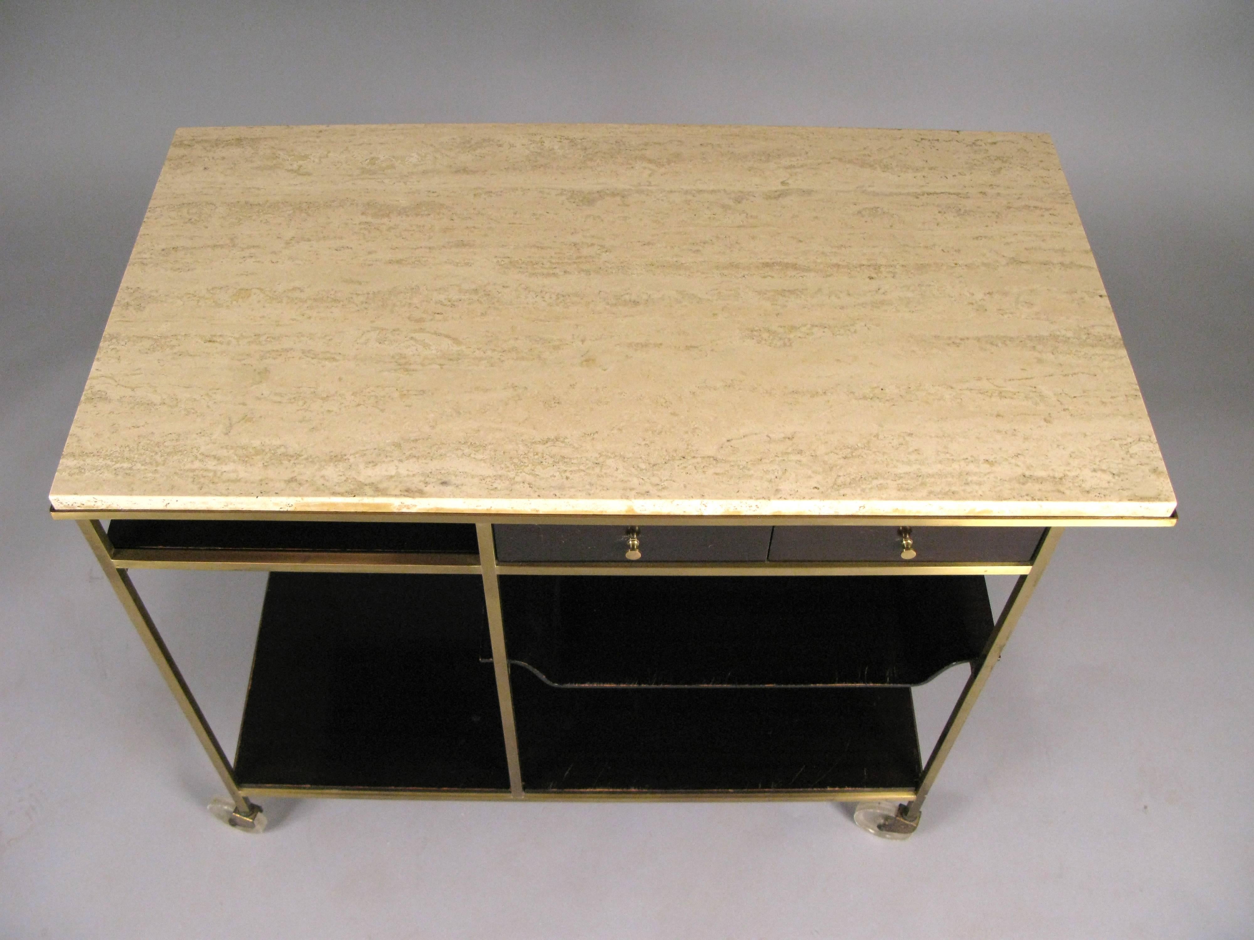 Mid-20th Century 1950s Brass and Travertine Bar Cart by Paul McCobb for Calvin