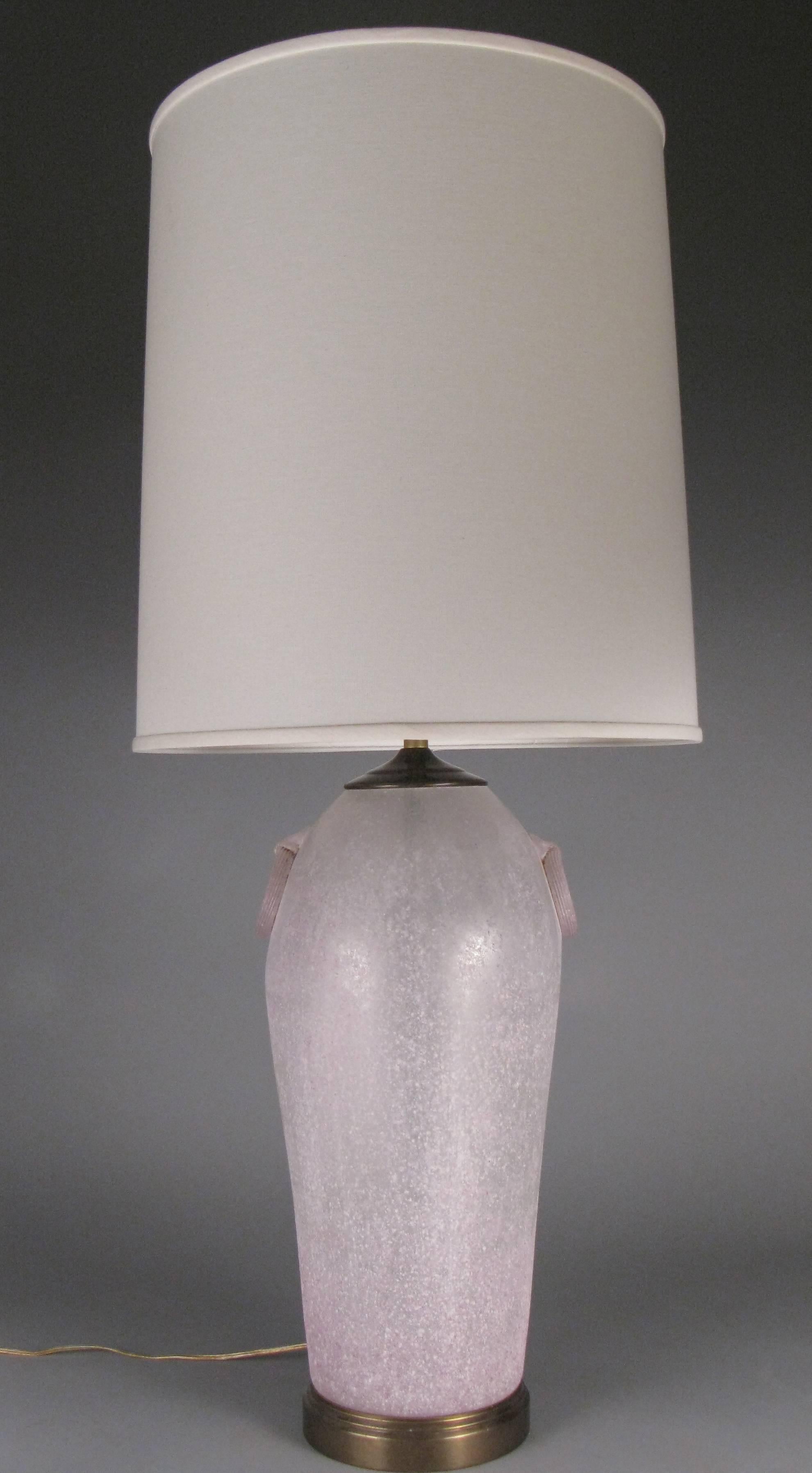 A pair of large-scale vintage 1970s Etruscan style glass lamps by Chapman, with a light pink/lavender dappled matte finish. Very nice design and quality and mint condition. Shades not included. 

Dimensions are: 23