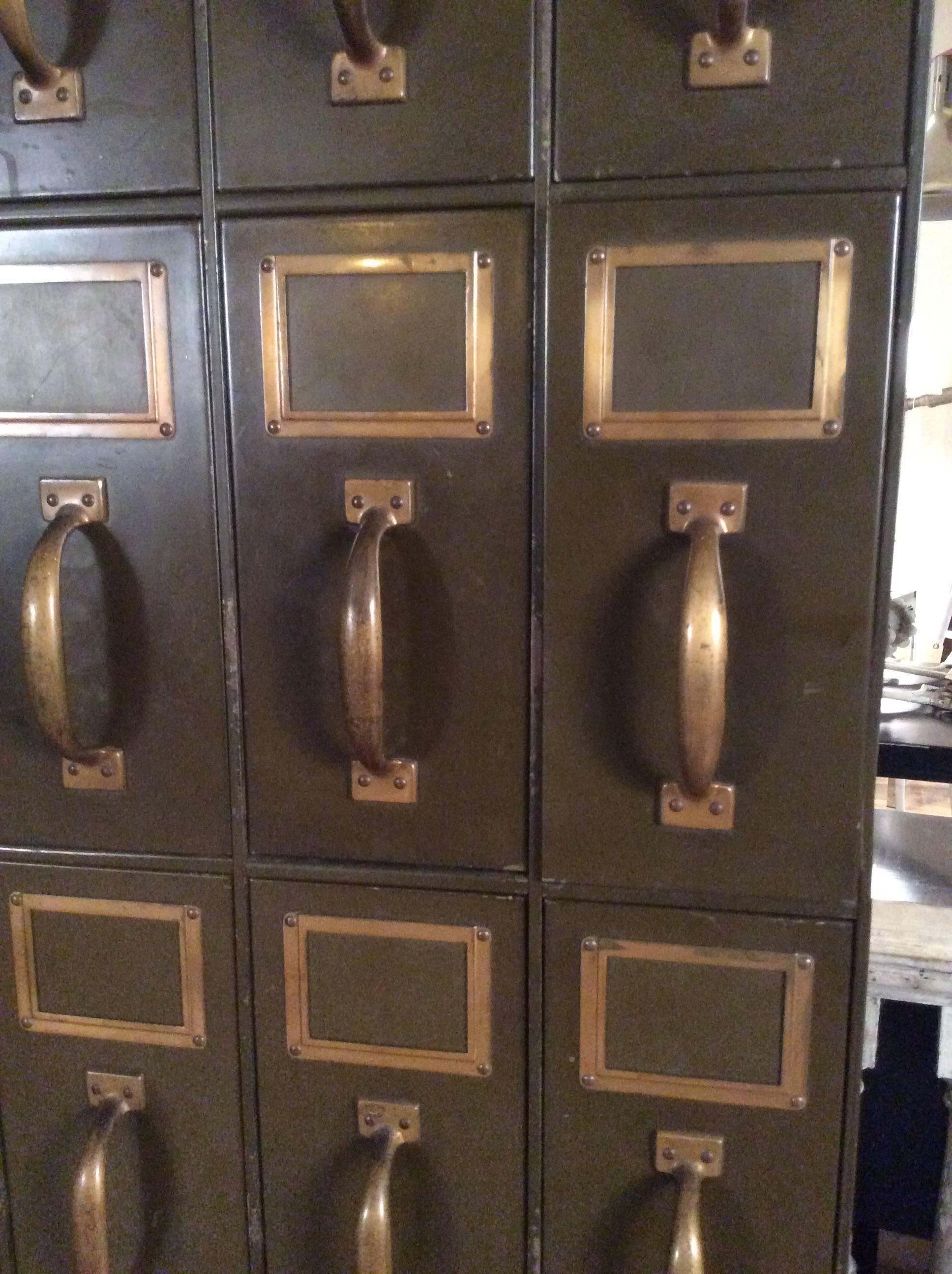 Antique 1930s Steel and Brass Seventy-Two Drawer Storage Cabinet In Good Condition In Hudson, NY