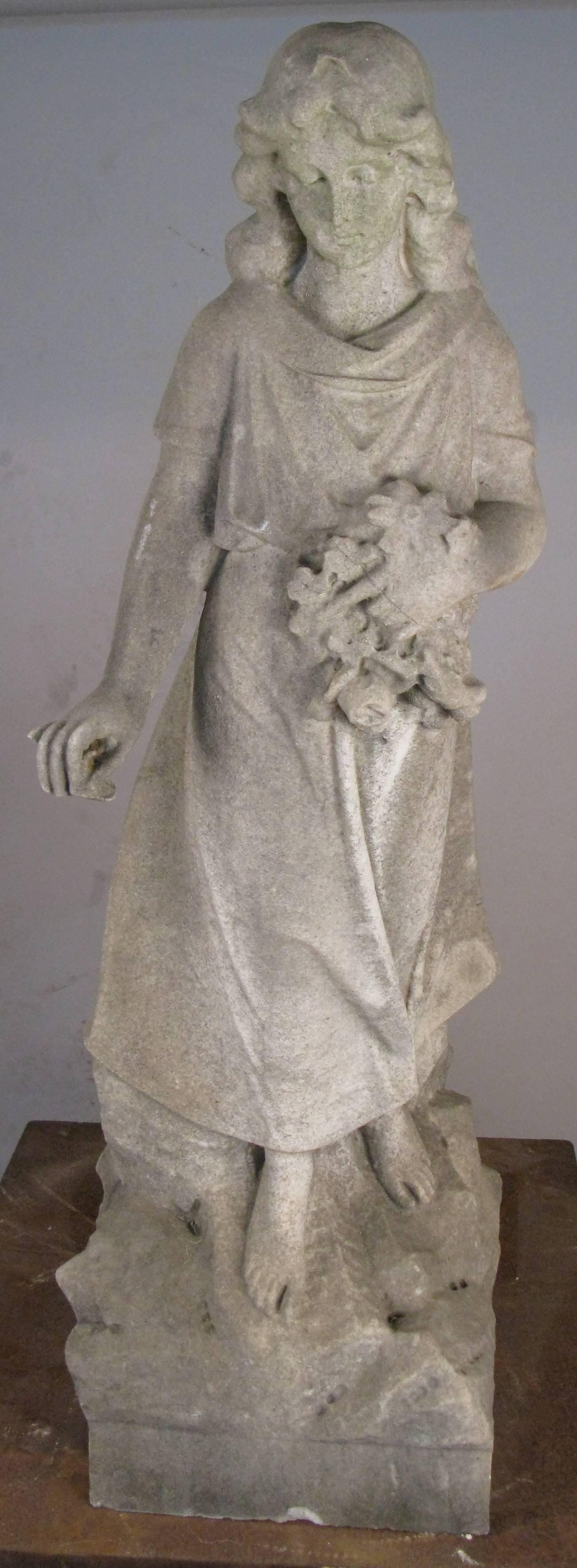 A very nicely done antique carged marble angel sculpture romantic period and style in good condition with nice patina looks like there may be a small loss to the tips of fingers on the right hand.