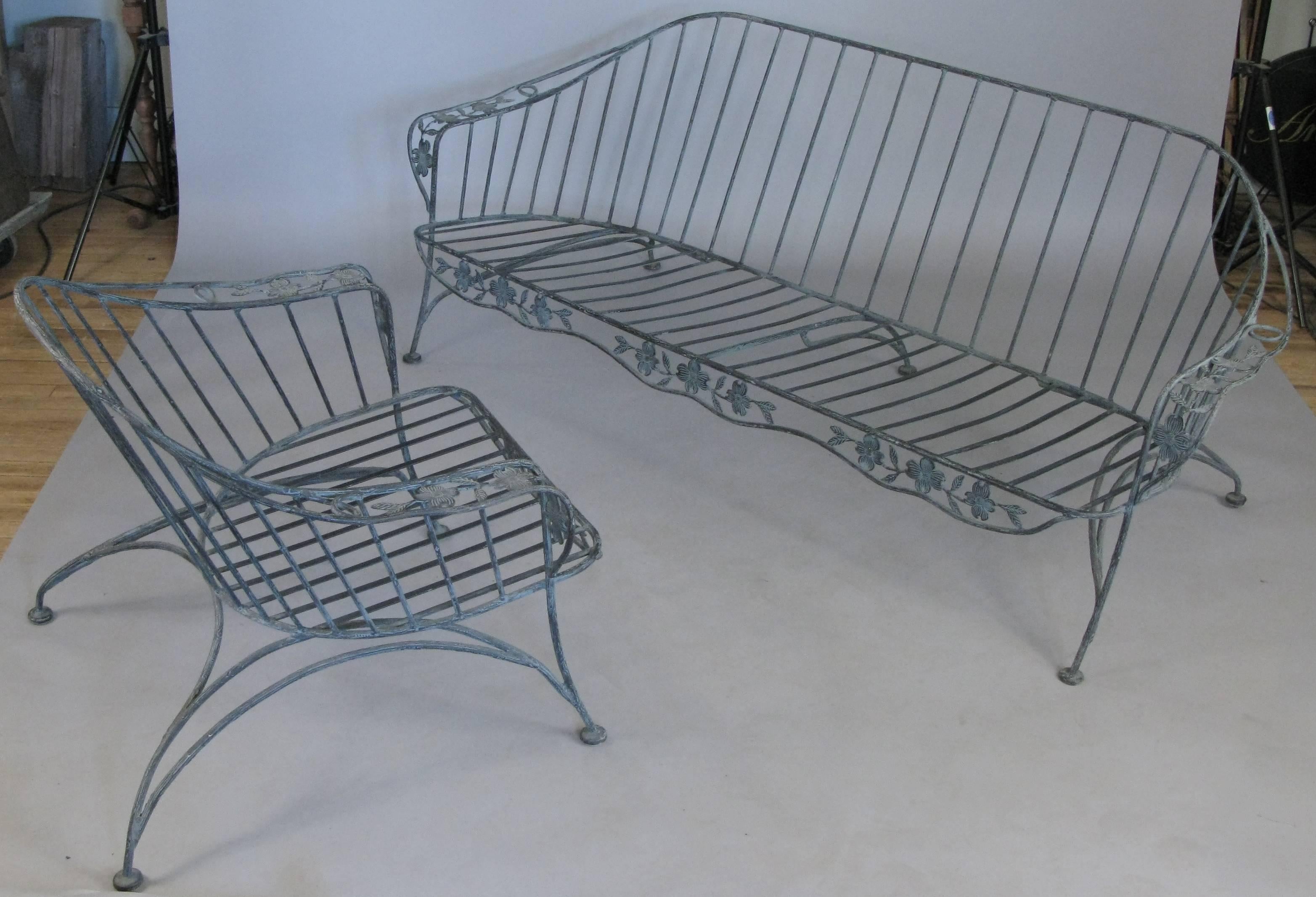 Set of Faux Bois Wrought Iron Lounge Seating, Pair of Chairs and Sofa 5