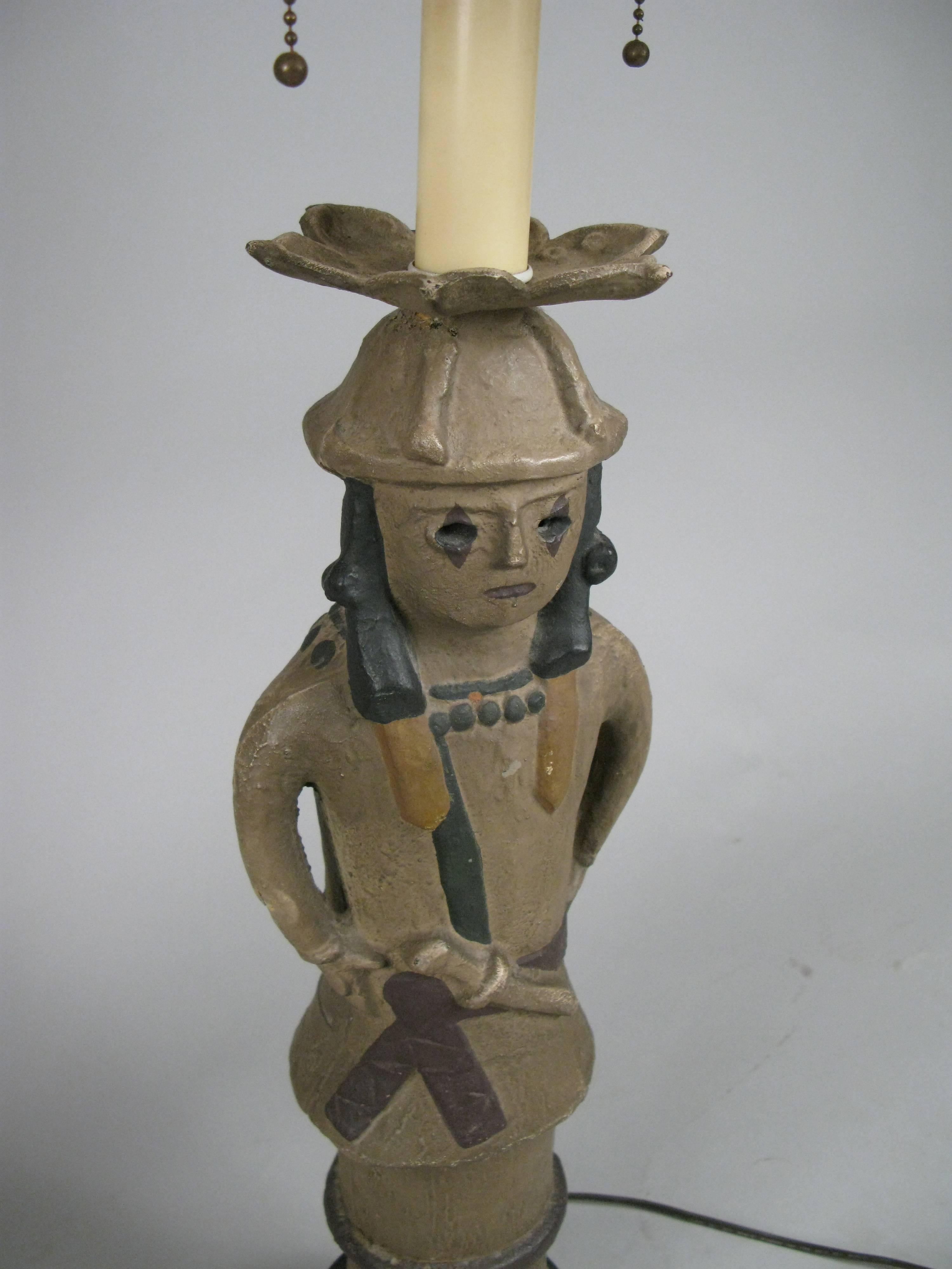 A very unusual pair of antique pottery lamps in the form of a male and female Samurai. Very well made and heavy, with beautifully painted finish, and steel bases. The fittings have a double socket each, and also a large center light. With six sided