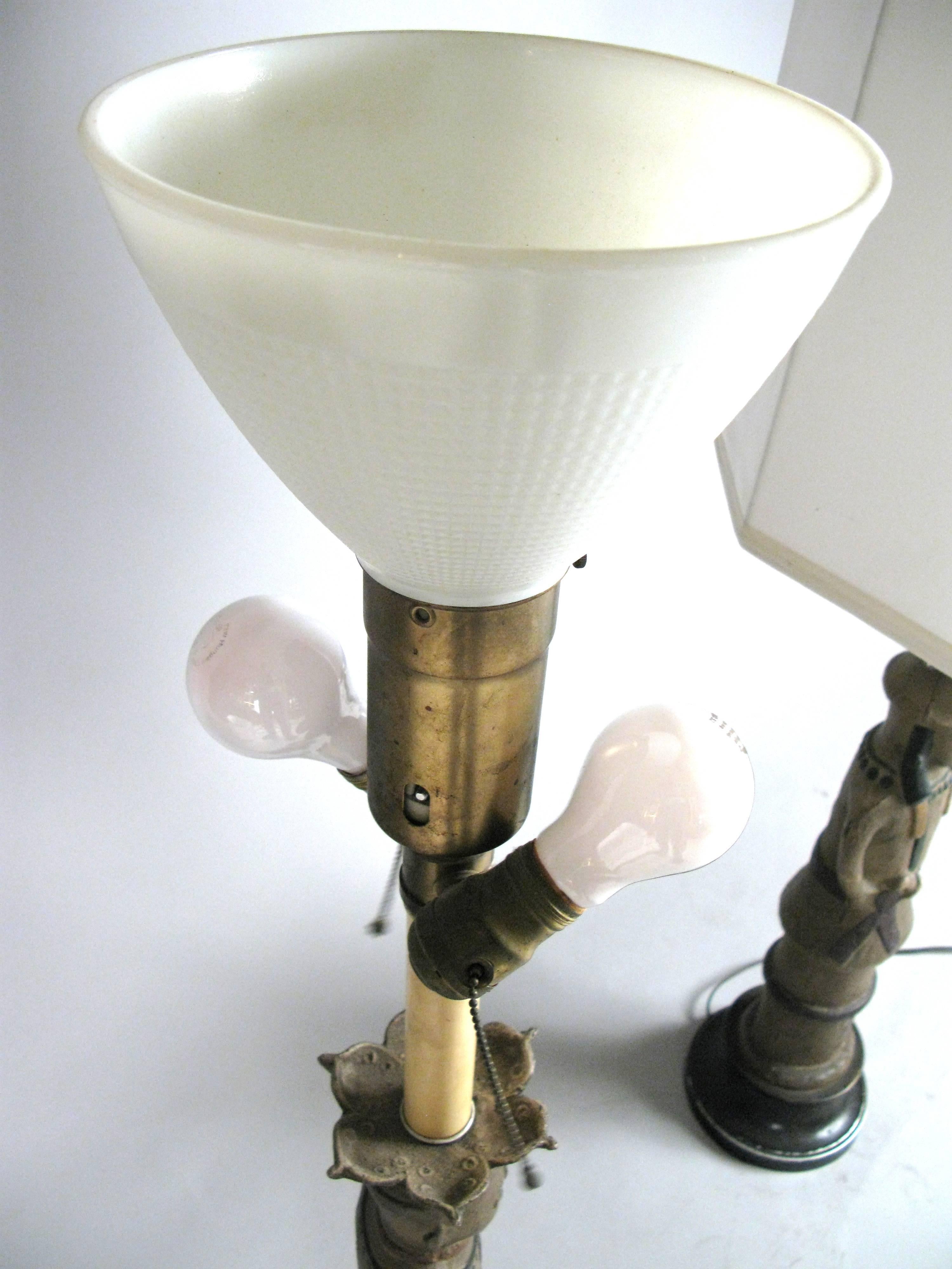 20th Century Pair of Antique Japanese Samurai Pottery Lamps