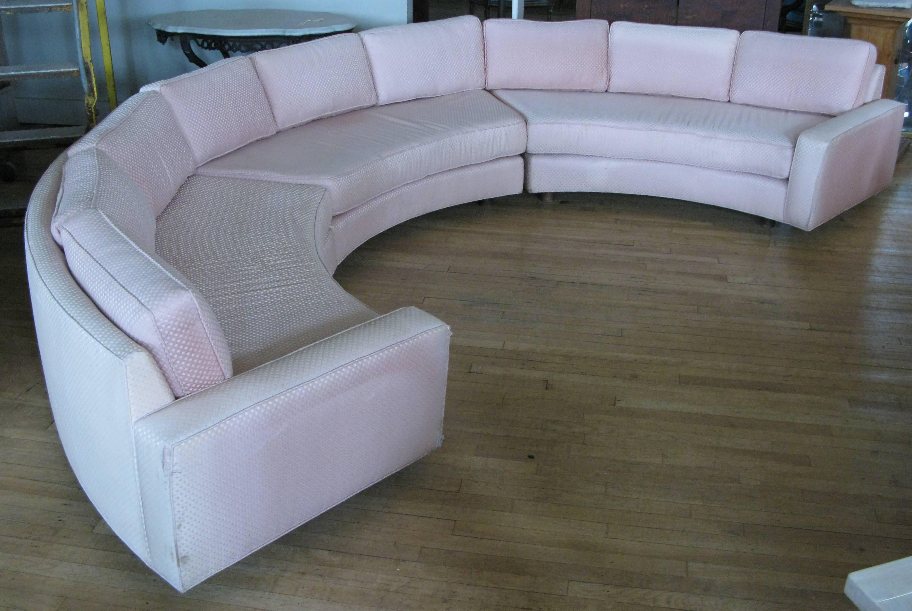 An outstanding large curved three-piece semi-circular sectional sofa designed by Milo Baughman, circa 1970. Fantastic shape and proportions make this a very comfortable sofa. Can be placed with all three sections together making a complete