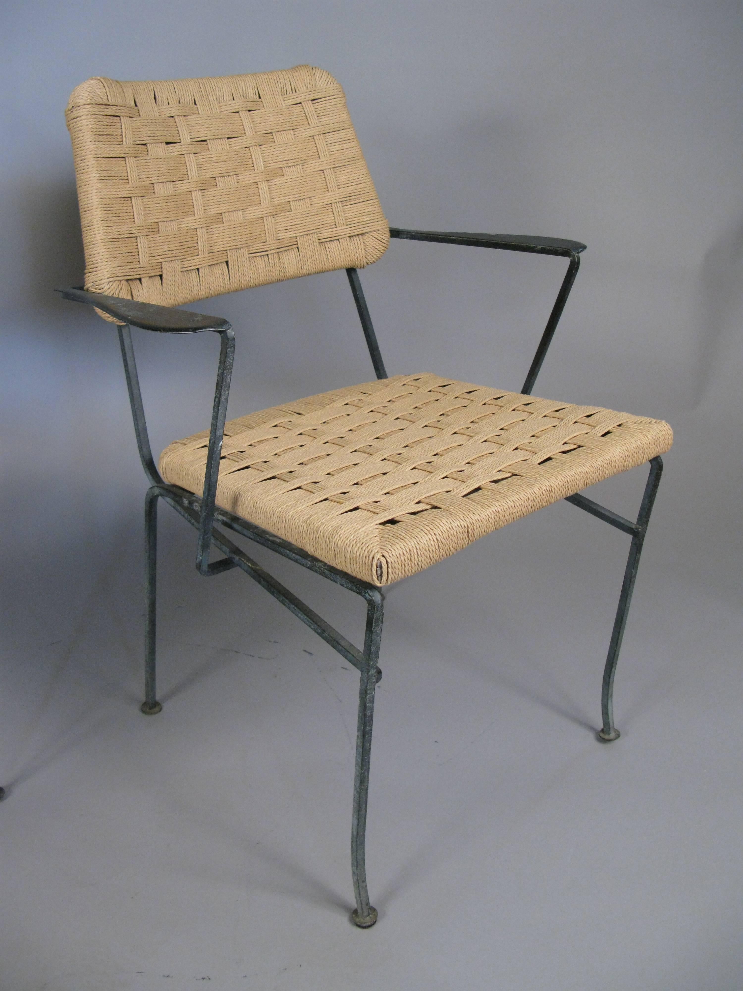 American Pair of 1950s Iron and Woven Armchairs by Salterini