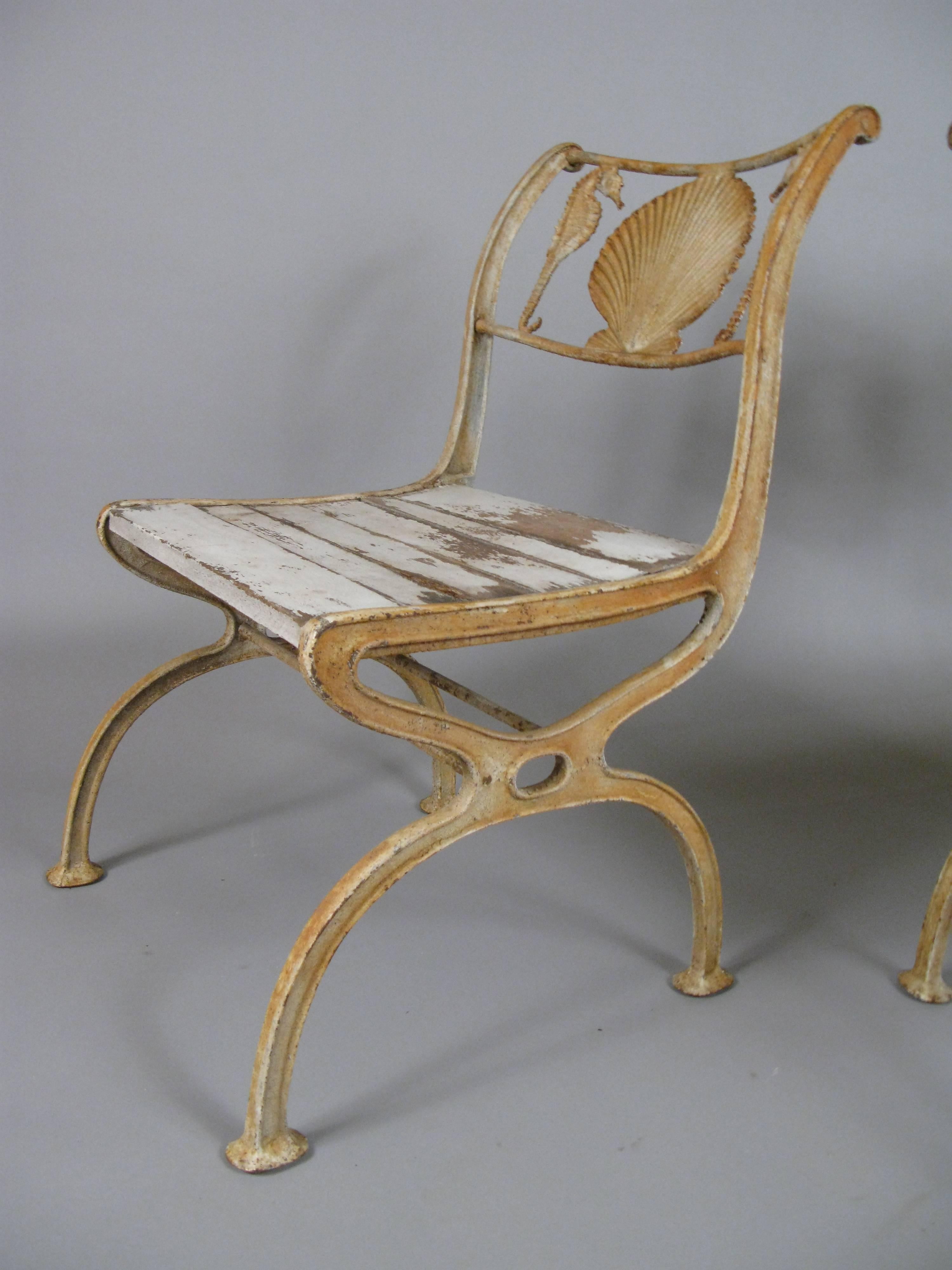 American Pair of Rare 1920s Cast Iron Seashell and Seahorse Chairs