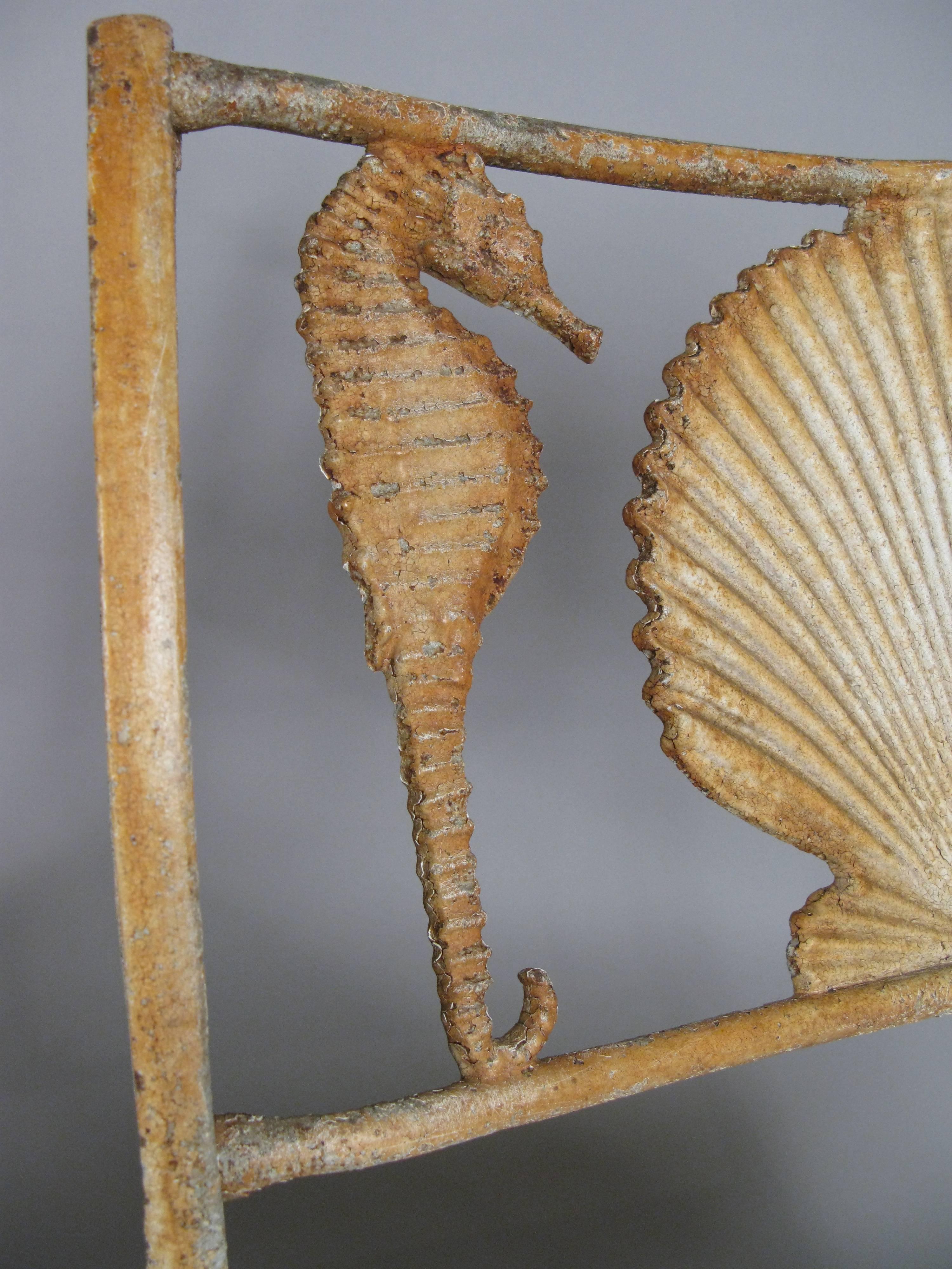 Early 20th Century Pair of Rare 1920s Cast Iron Seashell and Seahorse Chairs