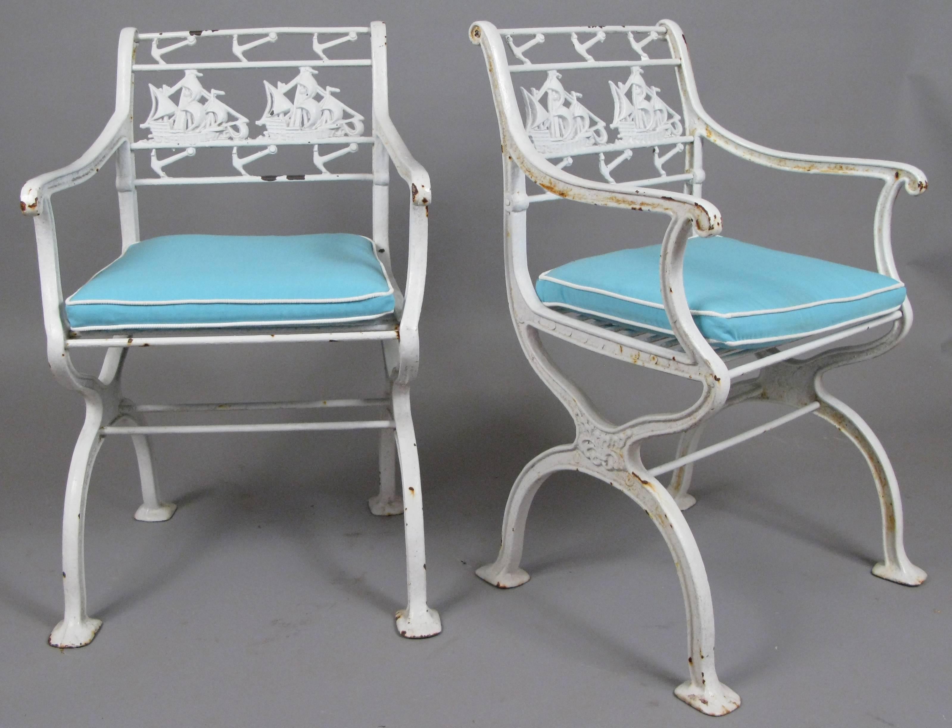 Early 20th Century Pair of Rare Antique Cast Iron Sailing Ship and Anchor Chairs