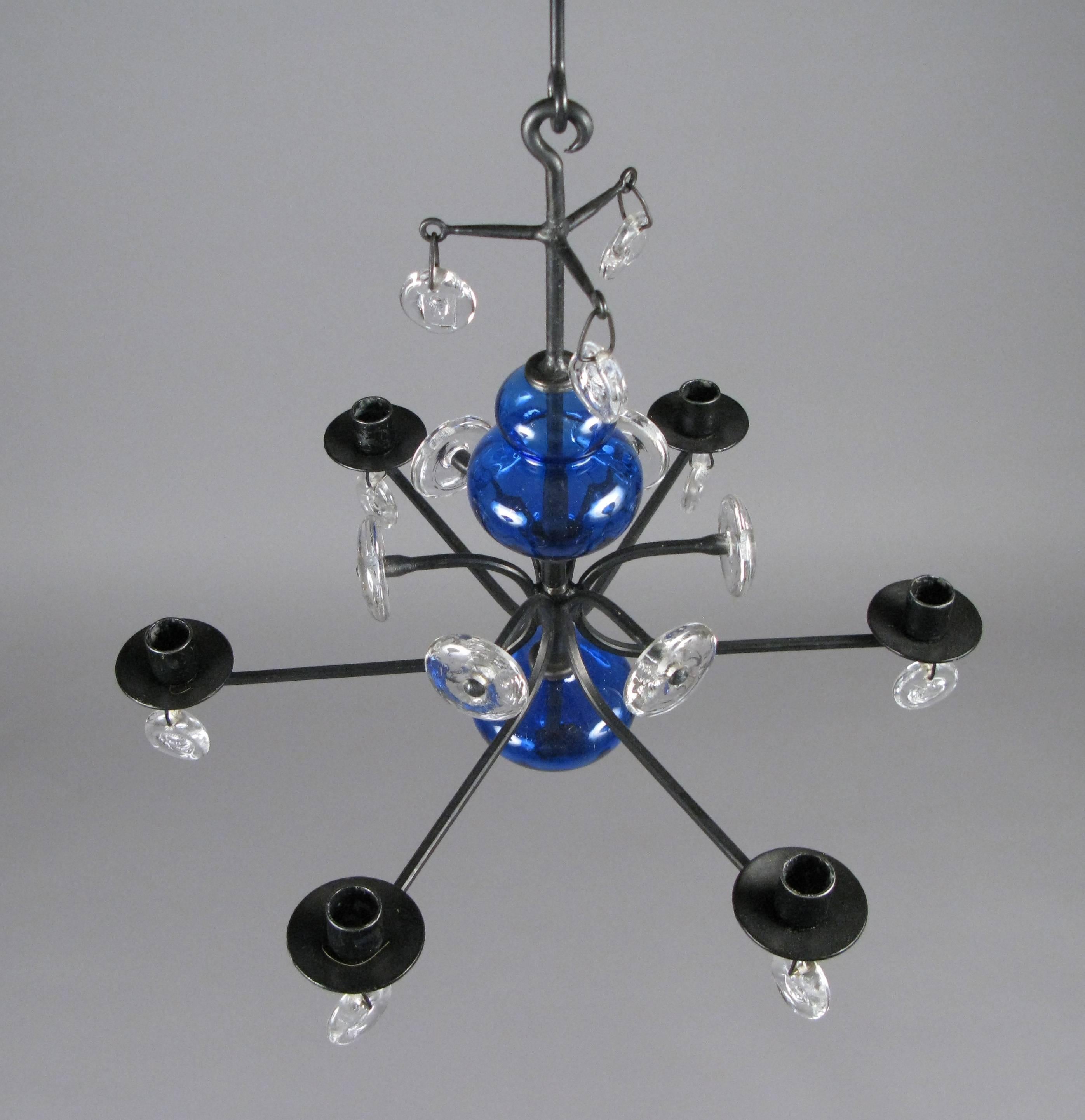 Danish Glass and Iron Chandelier by Erik Hoglund for Kosta Boda In Good Condition In Hudson, NY