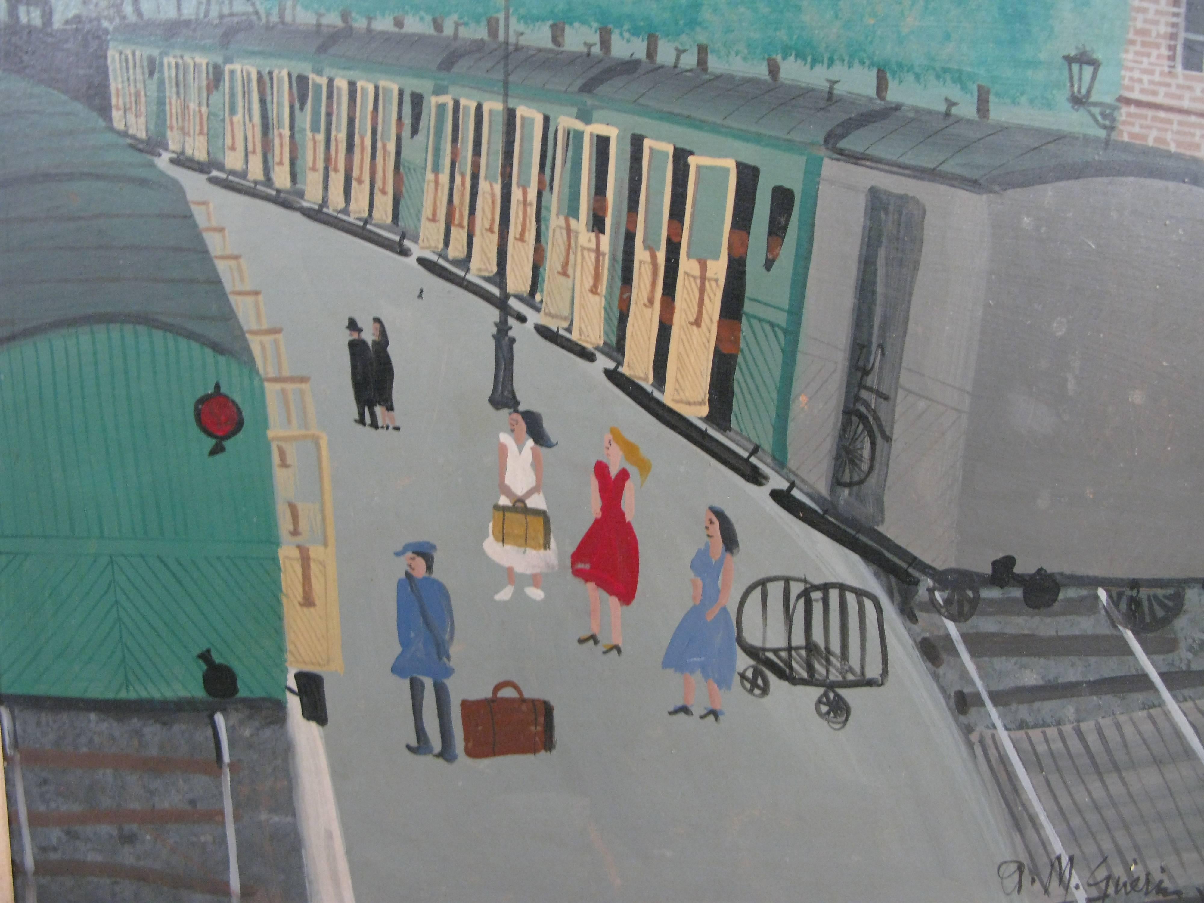 a charming oil on board painting by french artist A. M. Guerin, depicting a paris train station platform. beautifully done and nicely framed. with some age expected scuffs. 