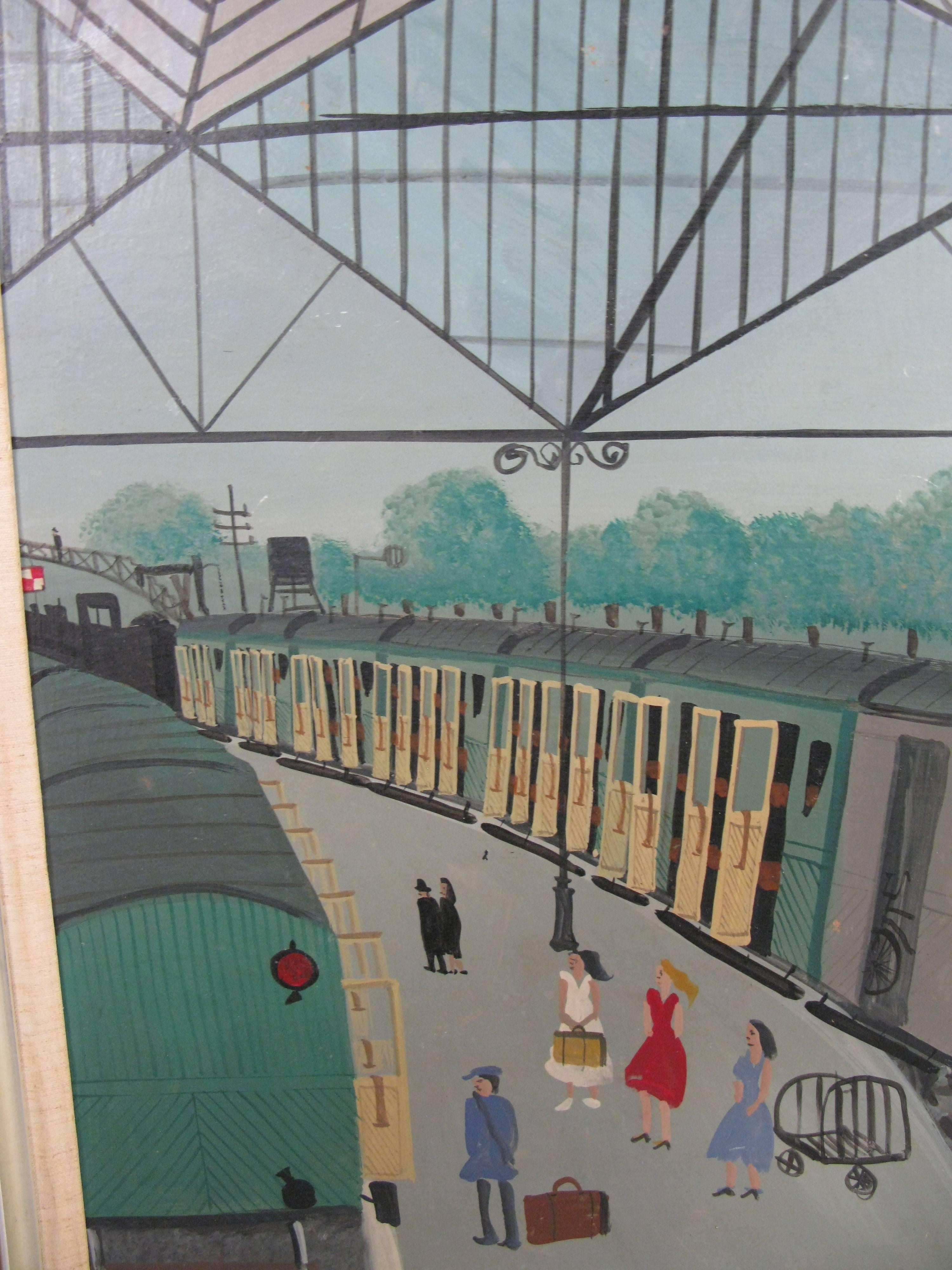 Mid-20th Century Paris Train Station Painting by A. M. Guerin