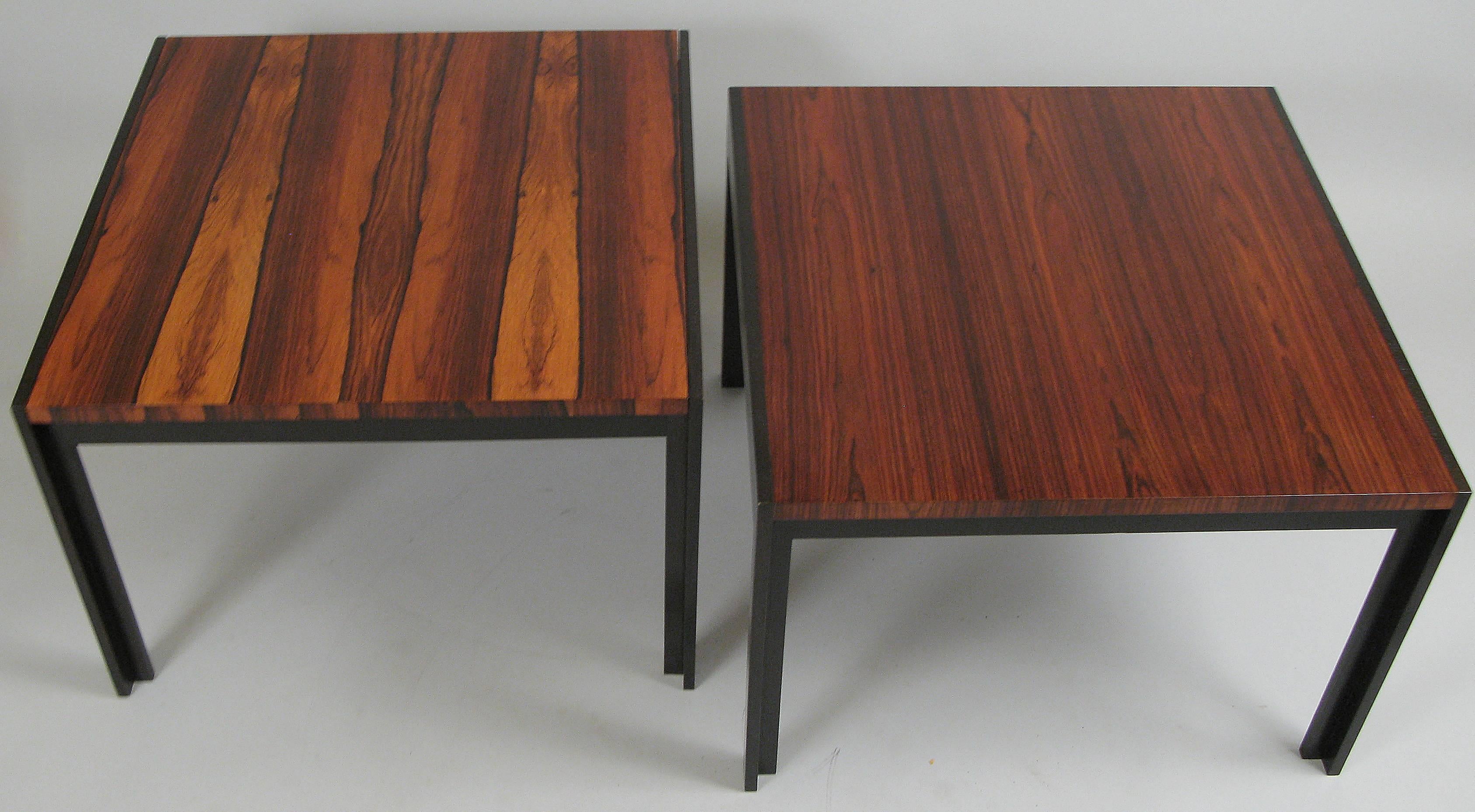 A pair of beautiful vintage large square 1960s modern lamp tables by Baker Furniture, with ebonized mahogany frames and gorgeous solid rosewood tops. Very nice L-shaped legs.