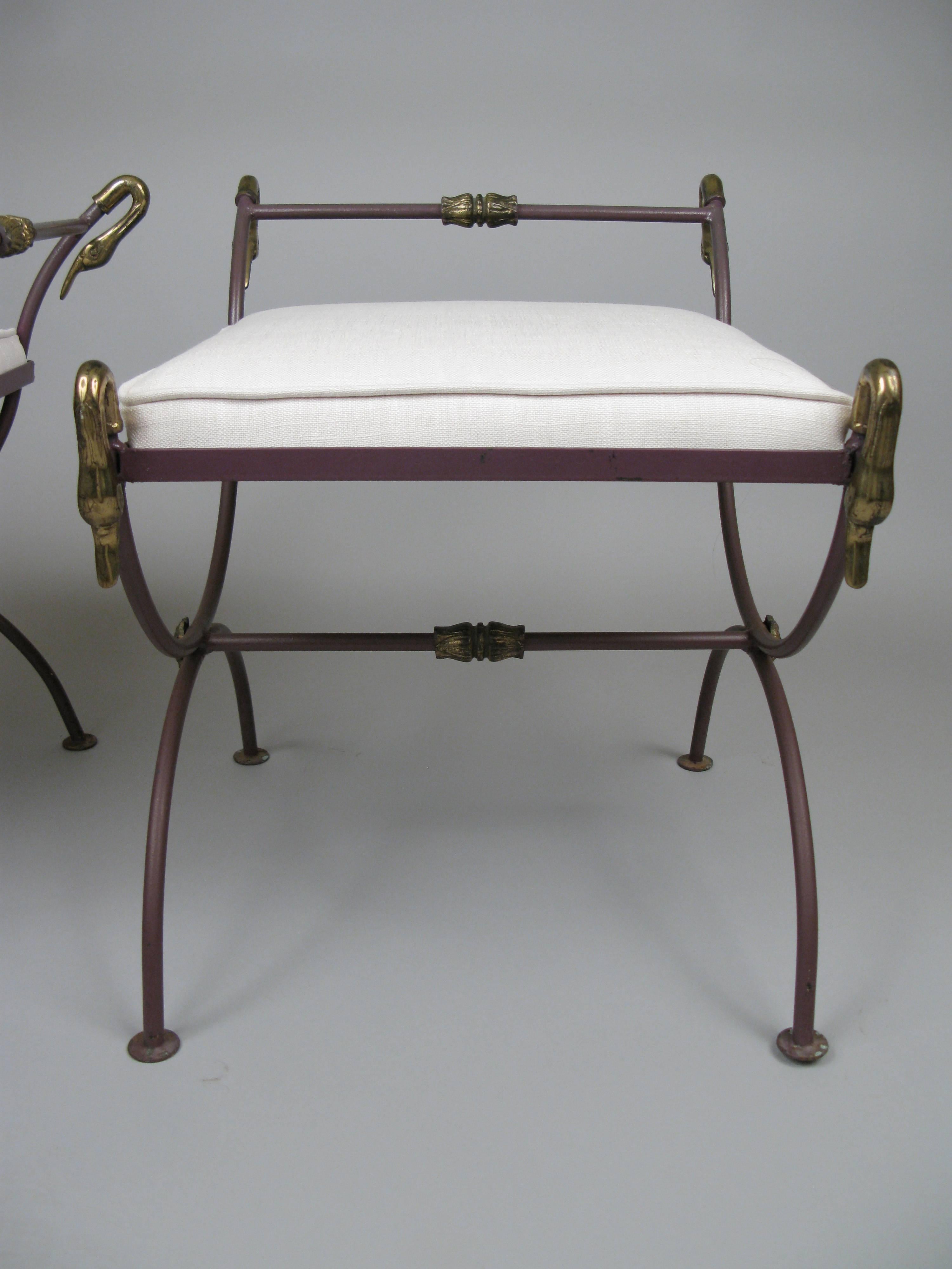French Pair of Neoclassical Iron and Brass Swan Benches