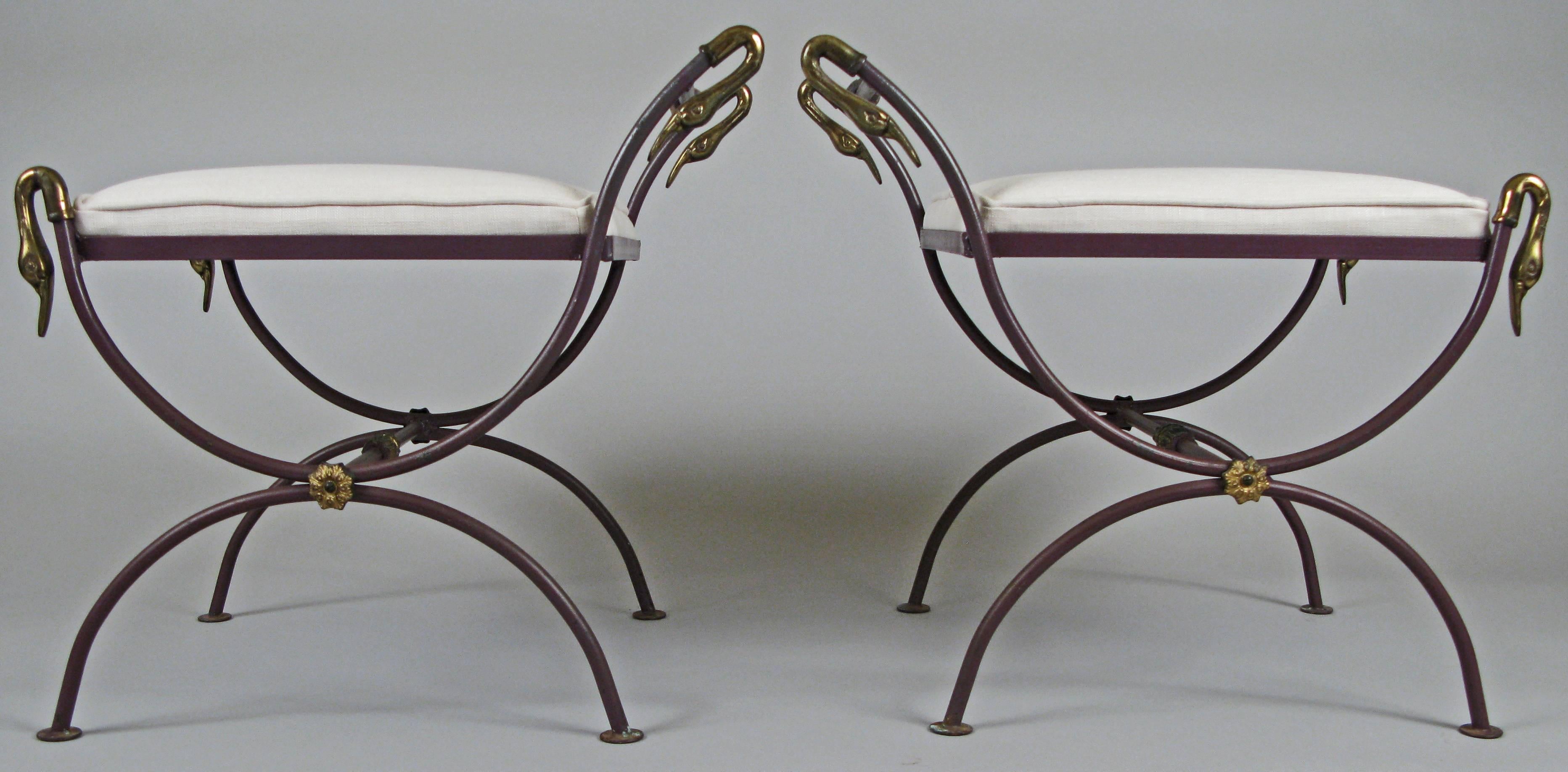 Pair of Neoclassical Iron and Brass Swan Benches 1