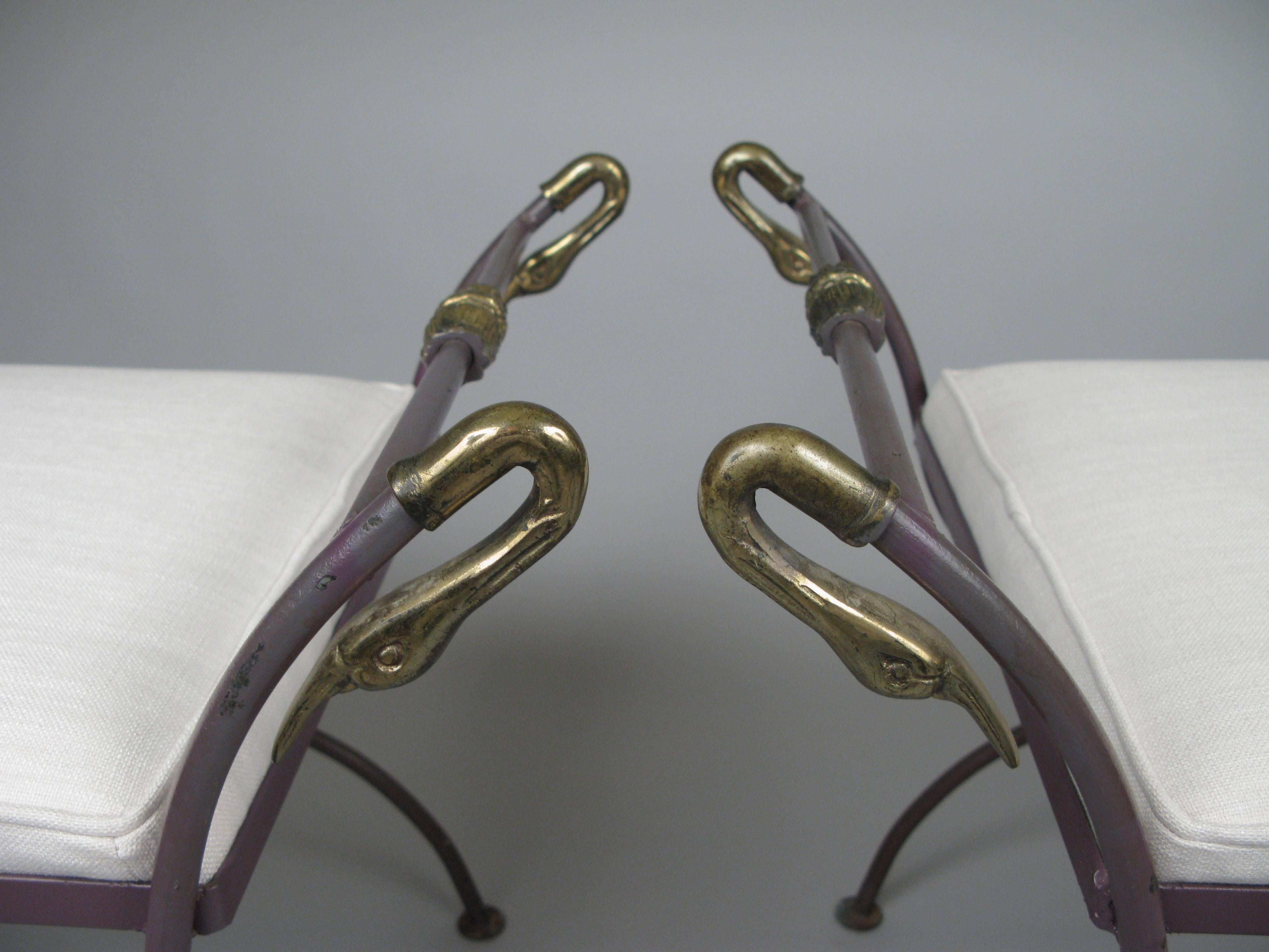 Mid-20th Century Pair of Neoclassical Iron and Brass Swan Benches