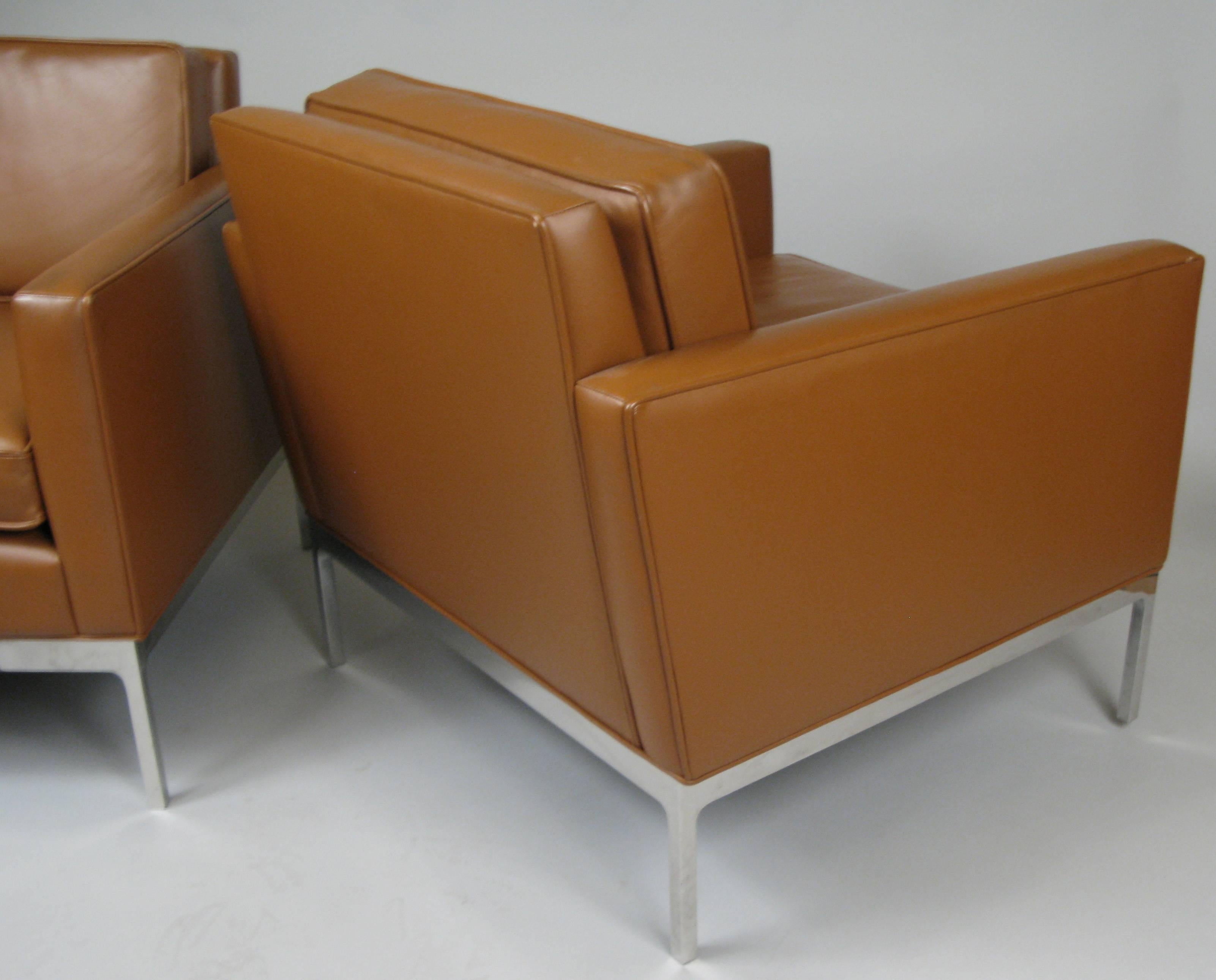 Pair of Leather and Polished Steel Lounge Chairs by Nicos Zographos In Excellent Condition In Hudson, NY
