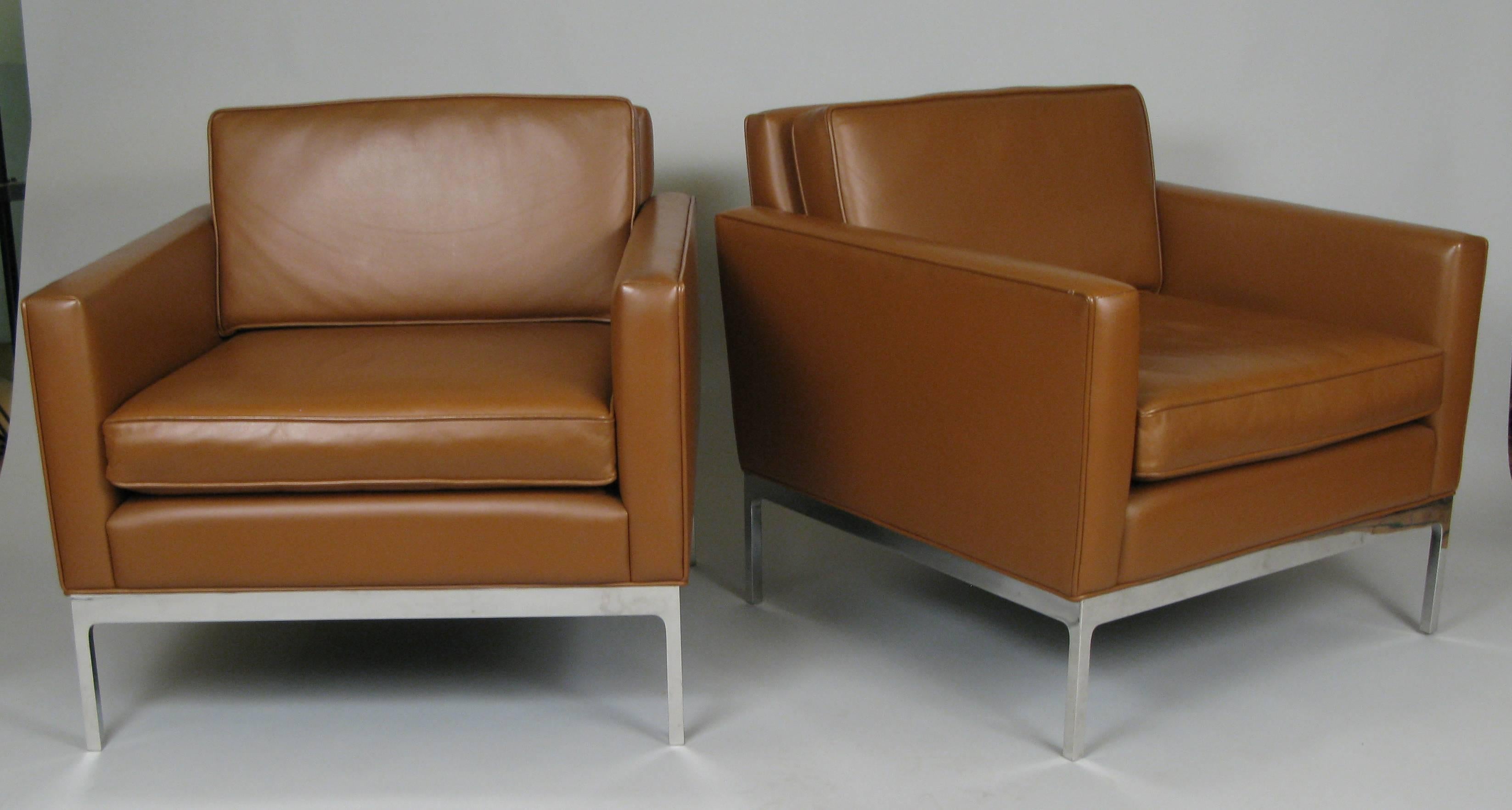 American Pair of Leather and Polished Steel Lounge Chairs by Nicos Zographos