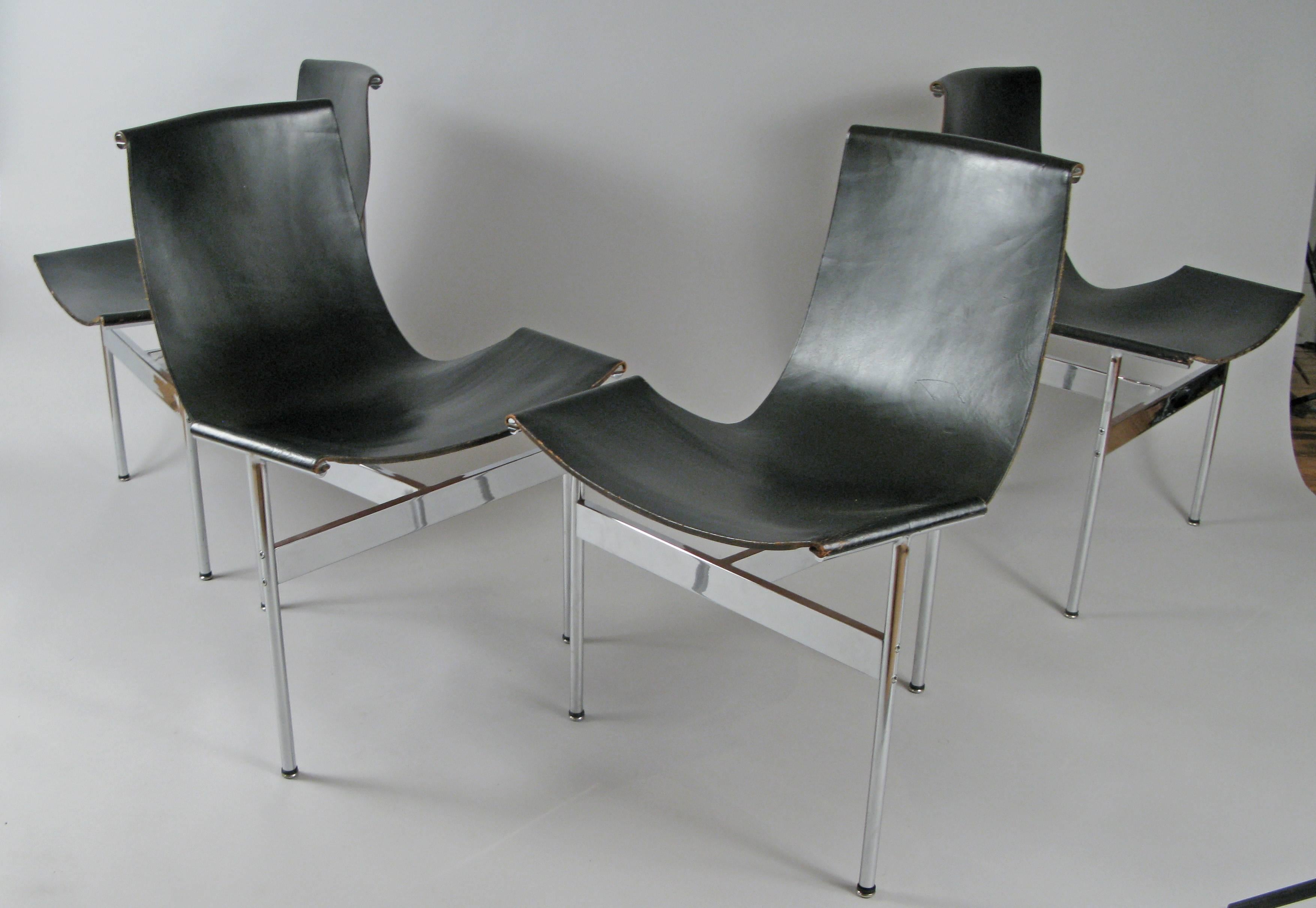 A very nice matched set of four Classic and iconic 'T' chairs designed by Katavolos, Kelly and Littell for Laverne International. Beautiful design with a chromed steel frame and very handsome seats in their original black saddle leather. Extremely