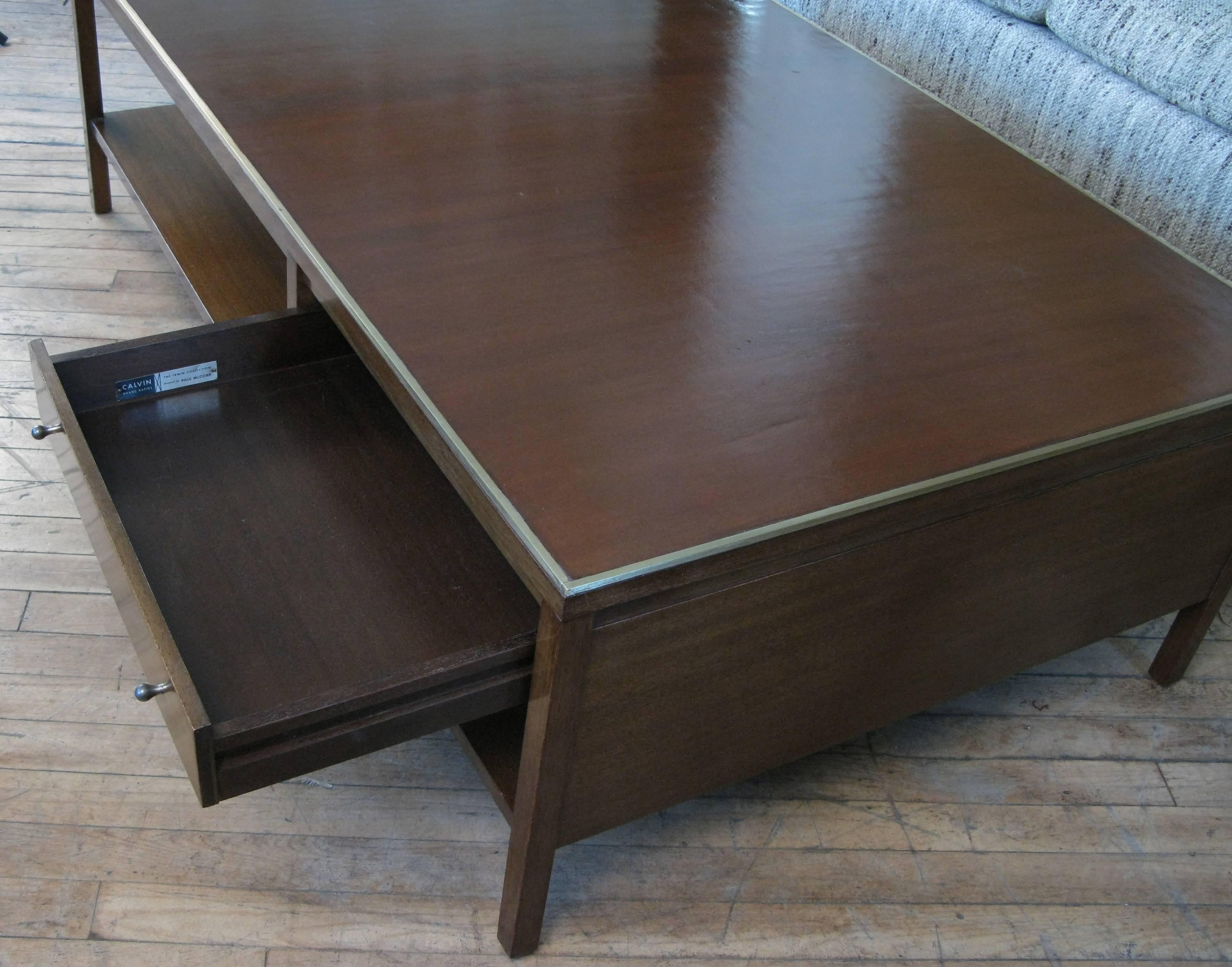 Mid-20th Century Vintage Leather and Brass Coffee Table by Paul McCobb for Calvin