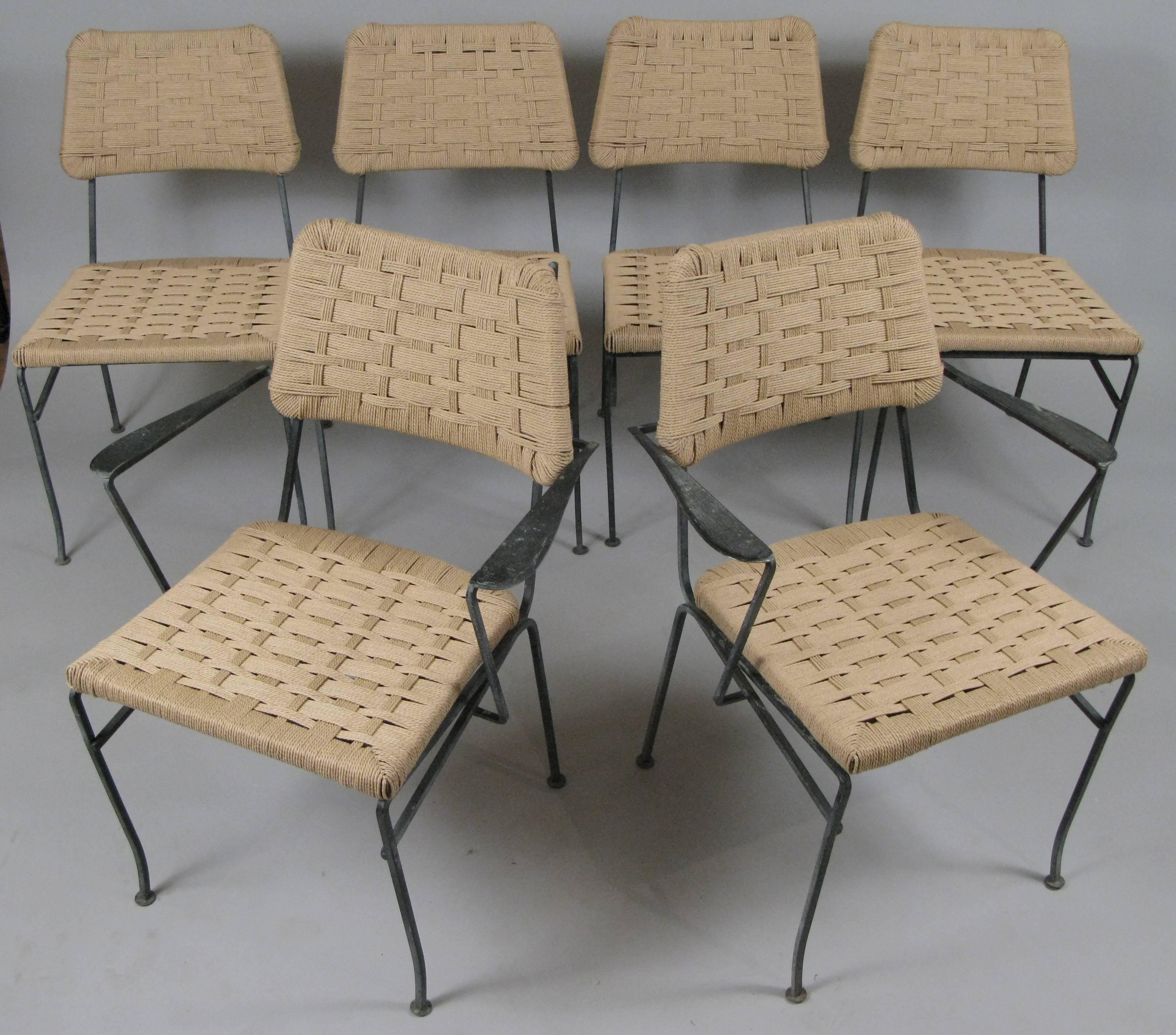 Set of Six Rare 1950s Iron and Woven Chairs by Salterini 1