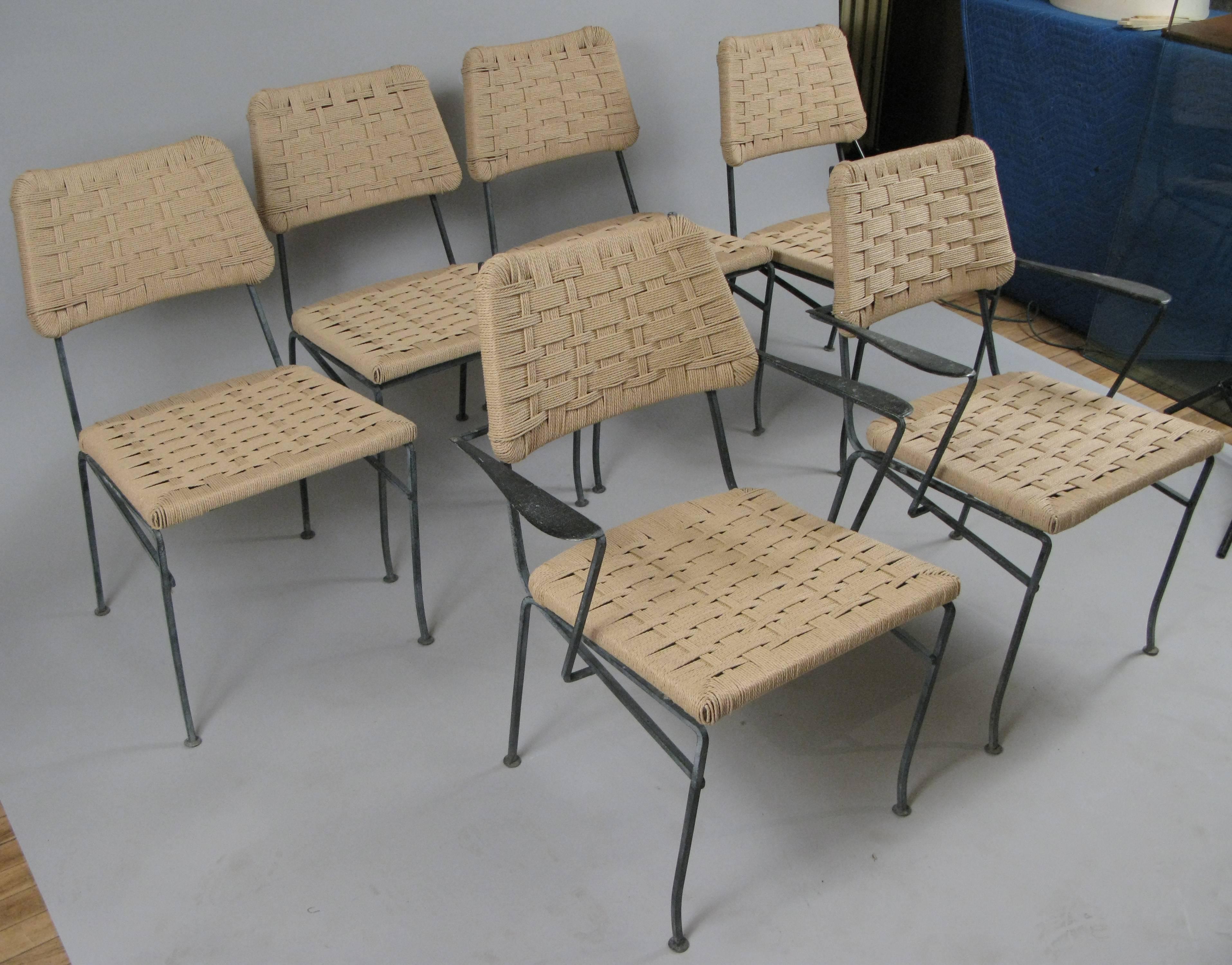 American Set of Six Rare 1950s Iron and Woven Chairs by Salterini