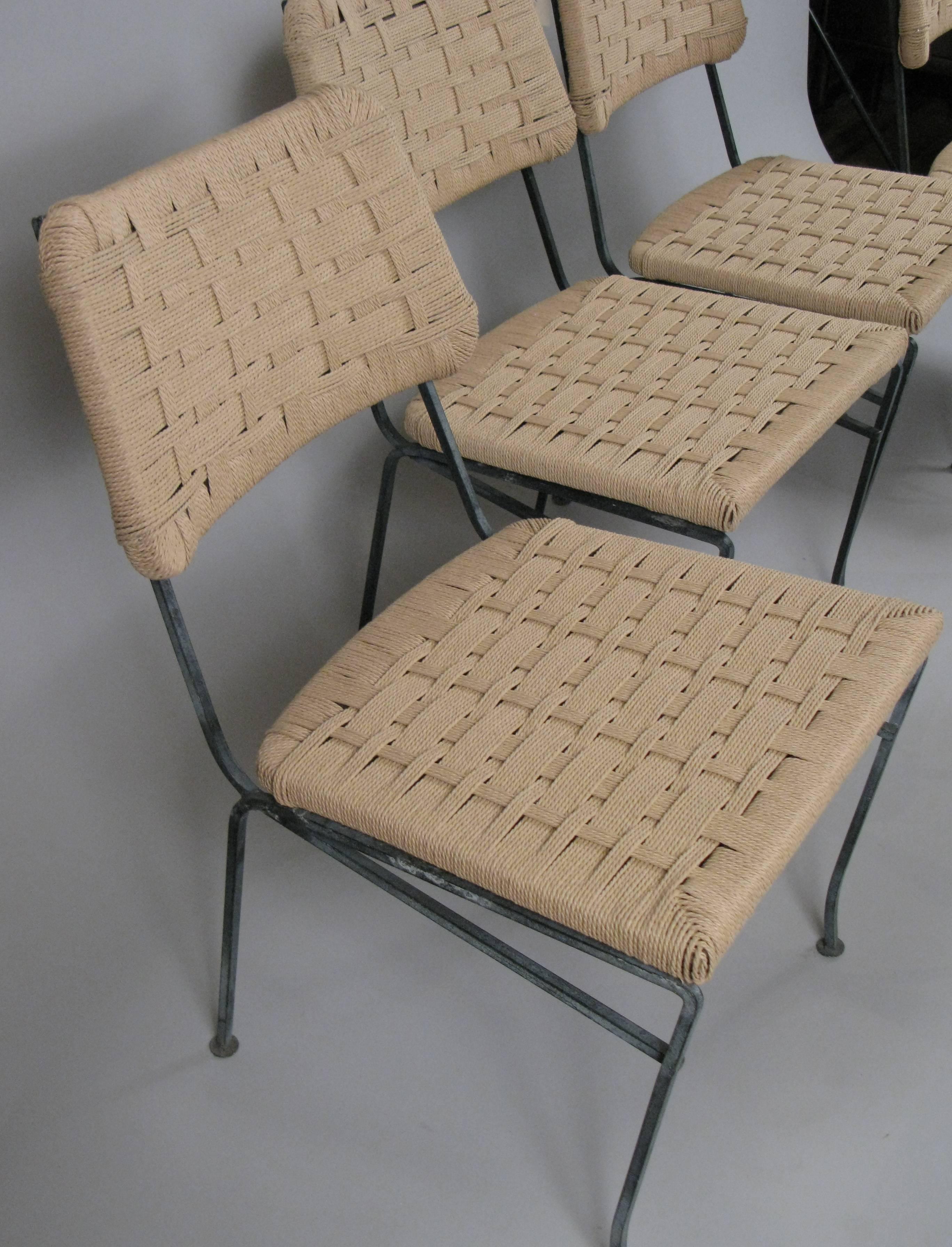 Mid-20th Century Set of Six Rare 1950s Iron and Woven Chairs by Salterini