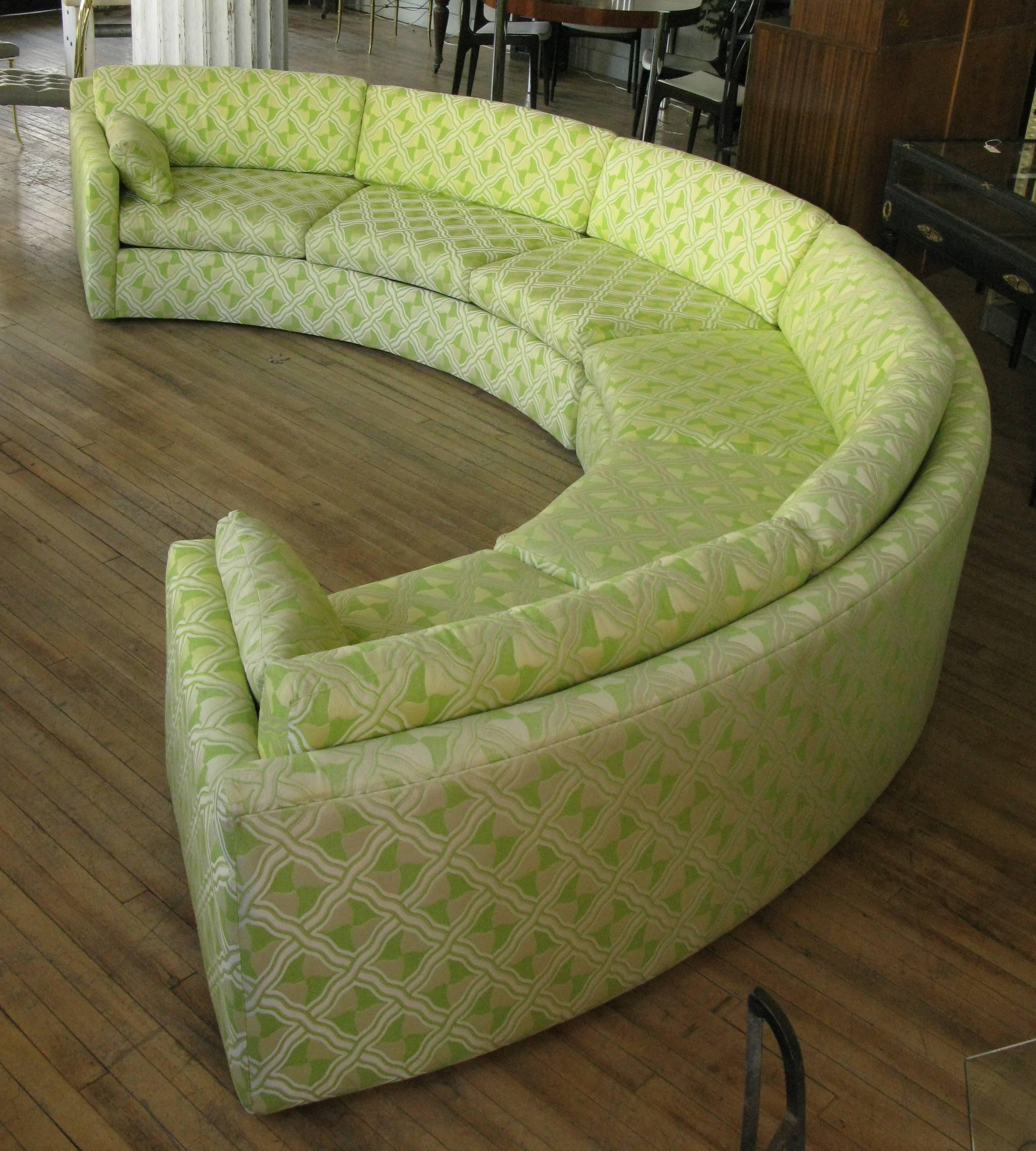 An amazing large curved semi-circular sectional sofa designed by Milo Baughman for Thayer Coggin, circa 1970. Fantastic shape and proportions make this a very comfortable sofa. The two curved sections can be placed together for a full semicircle, or