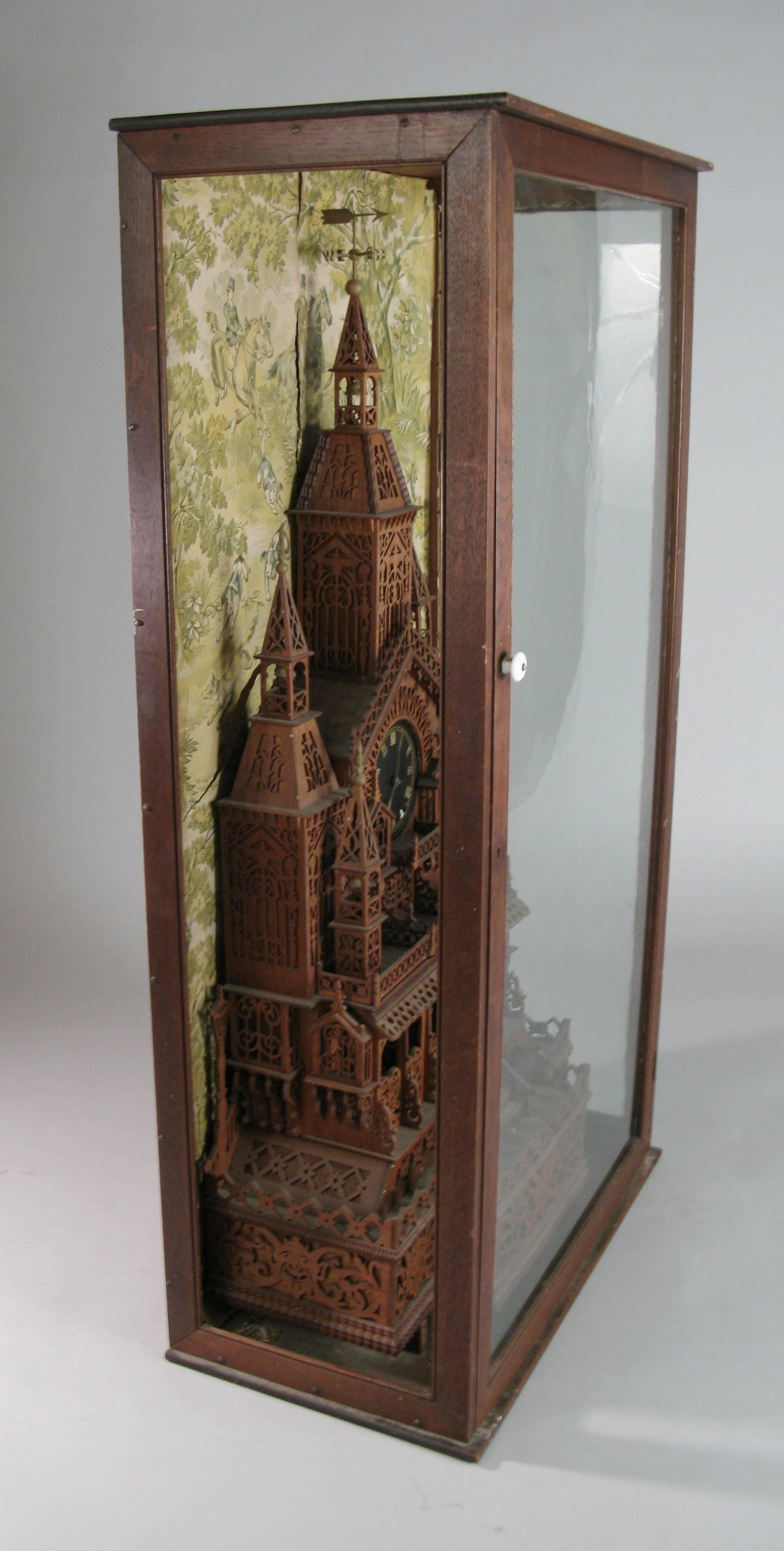 1920s Folk Art Cathedral Mantle Clock in Glass Case 1