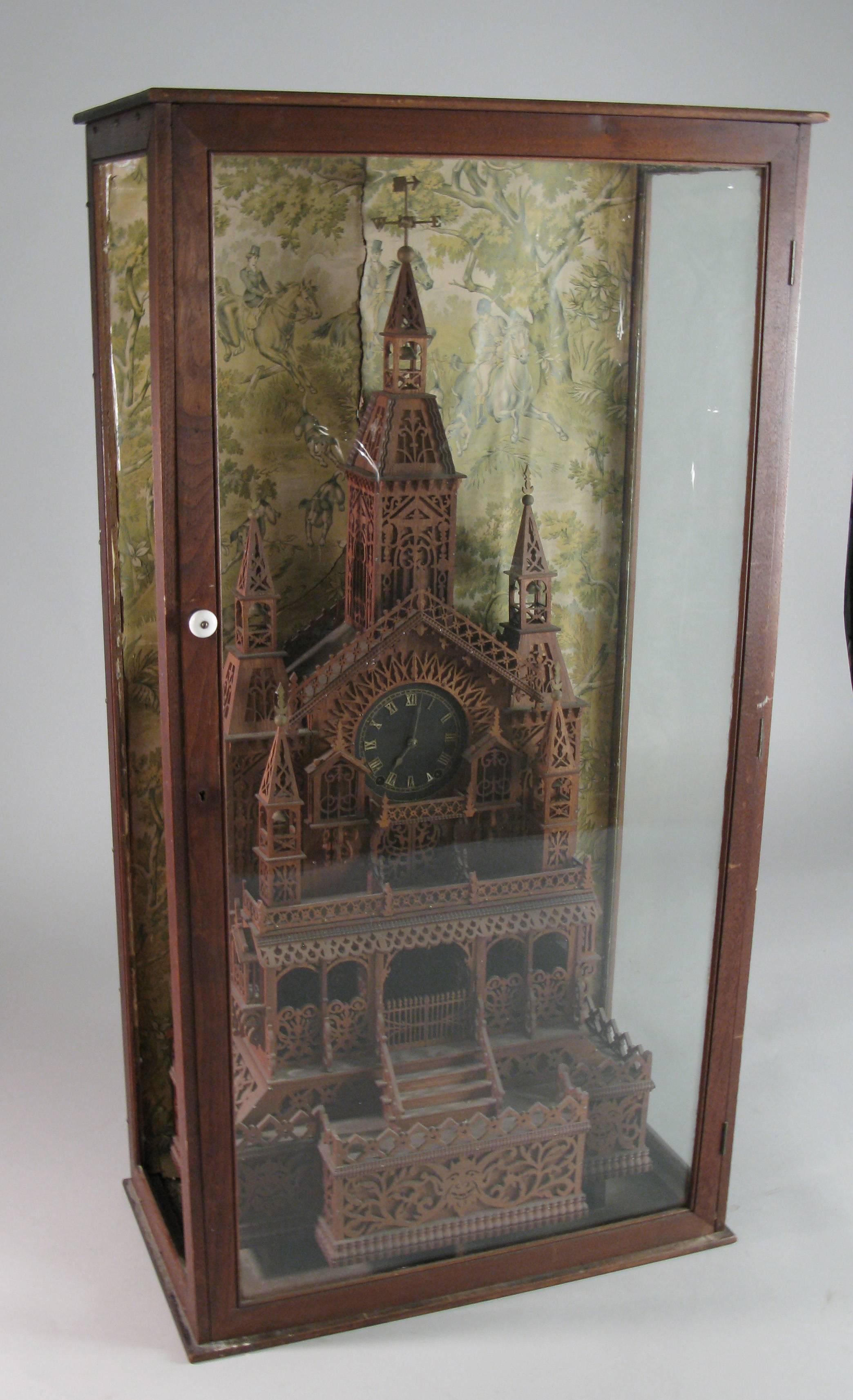 1920s Folk Art Cathedral Mantle Clock in Glass Case 2