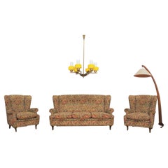 Ensemble canapé et fauteuils en tissu damassé des années 1940-50 - Timeless Elegance